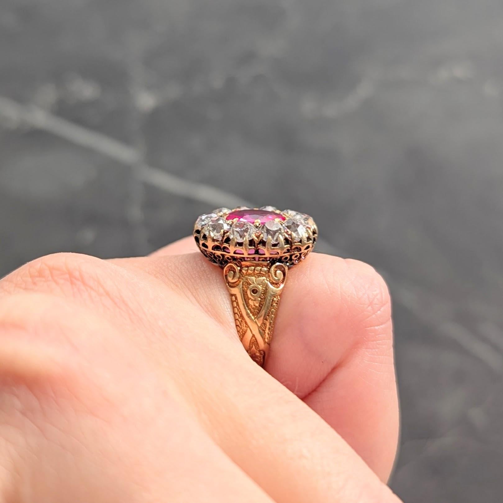 Victorian 1863 No Heat Burma Pink Sapphire Diamond 18K Gold Antique Halo Ring