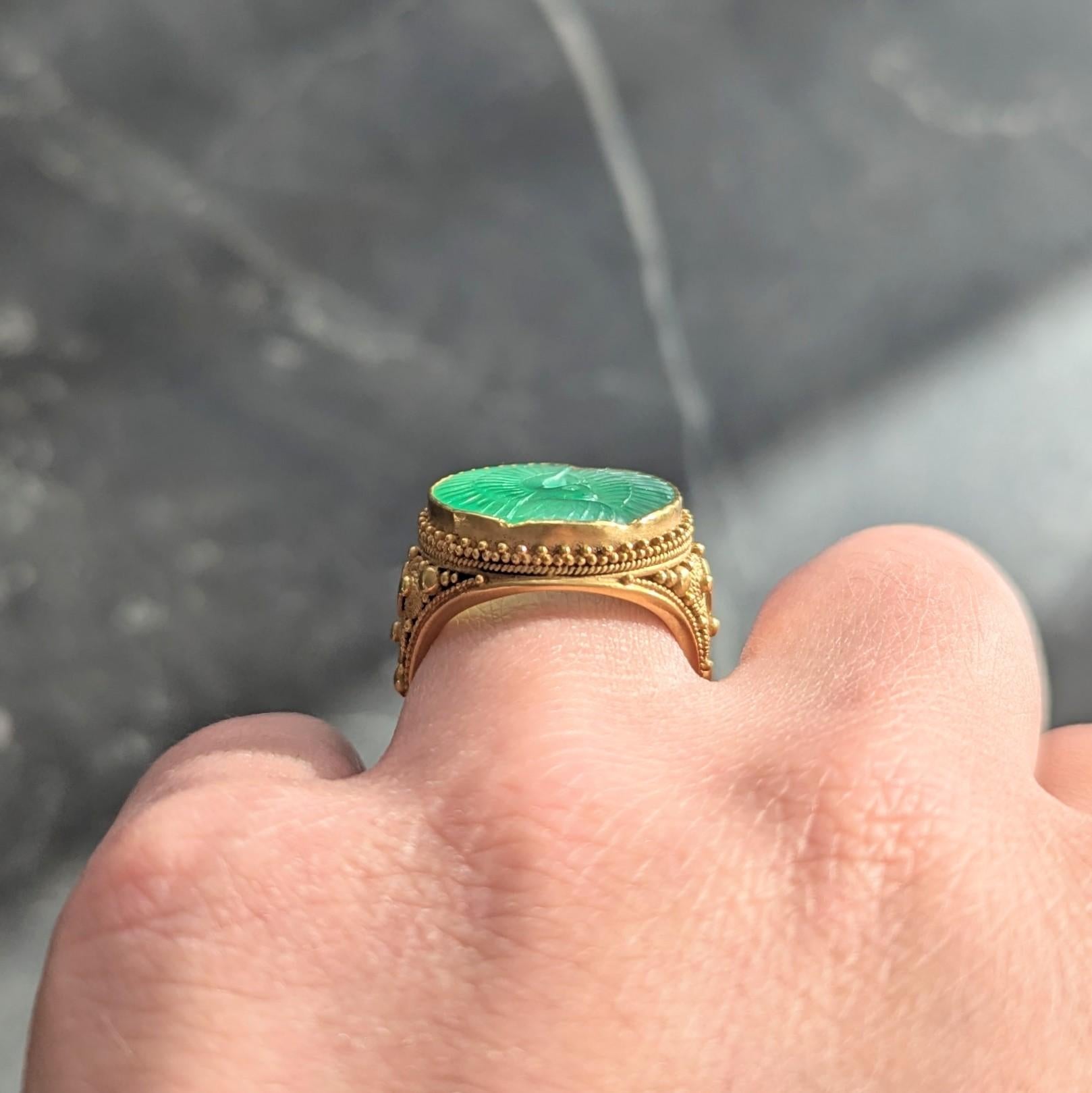 Etruscan Revival Victorian Jade 14K Gold Antique Granulated Crane Signet Ring