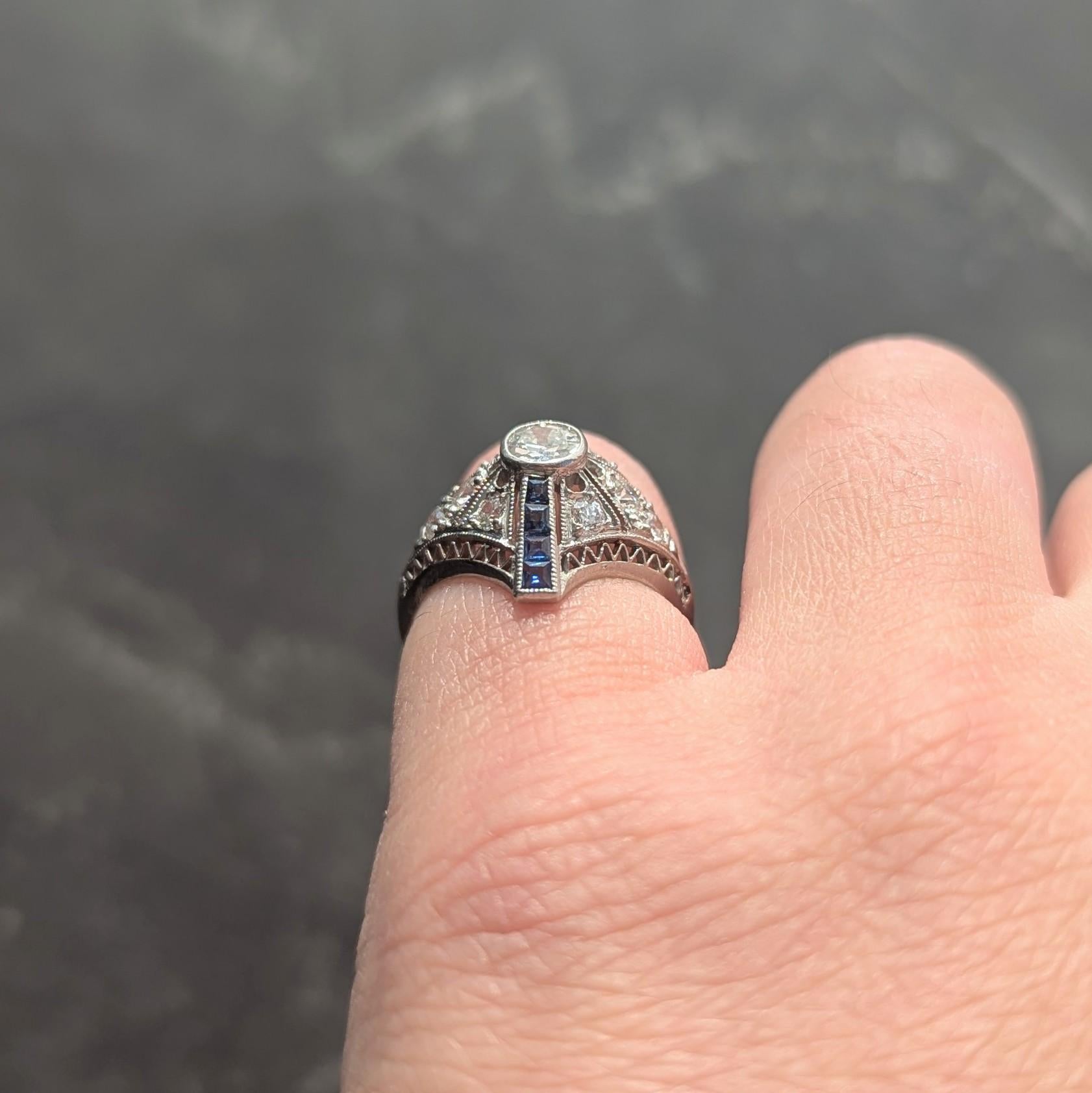 Art Deco 0.94 CTW Sapphire Diamond Platinum Vintage Zig-Zag Navette Dinner Ring