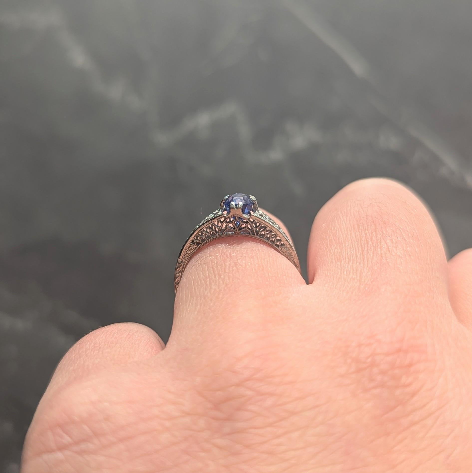 Art Deco 0.93 CTW Oval Cut Sapphire 18 Karat White Gold Vintage Lotus Ring