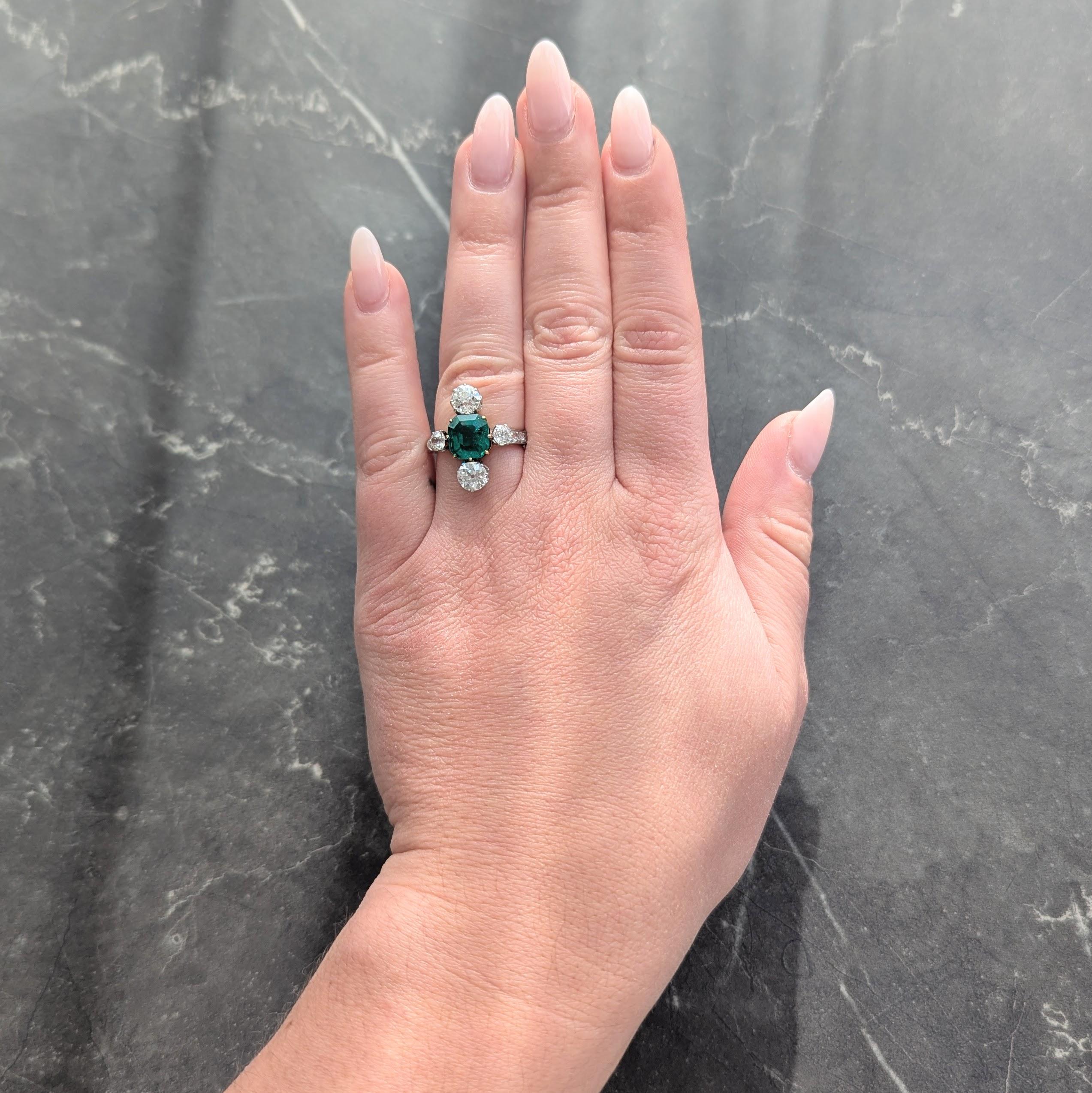 Edwardian 4.25 CTW Colombian Emerald Diamond Platinum 18K Gold Antique Ring AGL