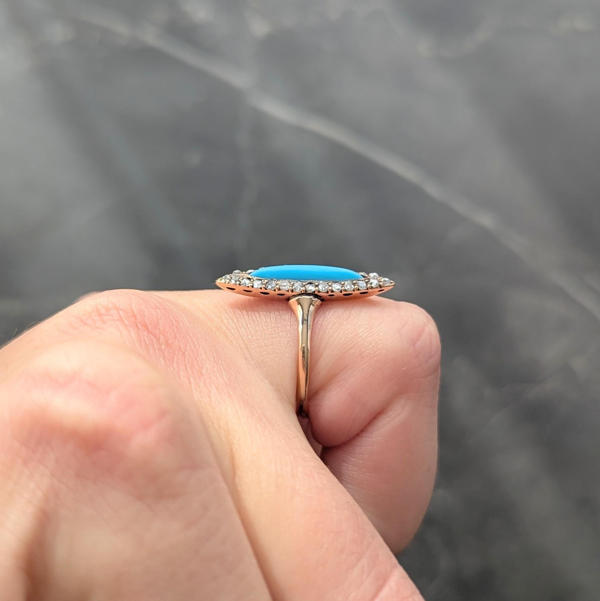 Victorian Turquoise Diamond 14 Karat Rose Gold Antique Navette Halo Ring