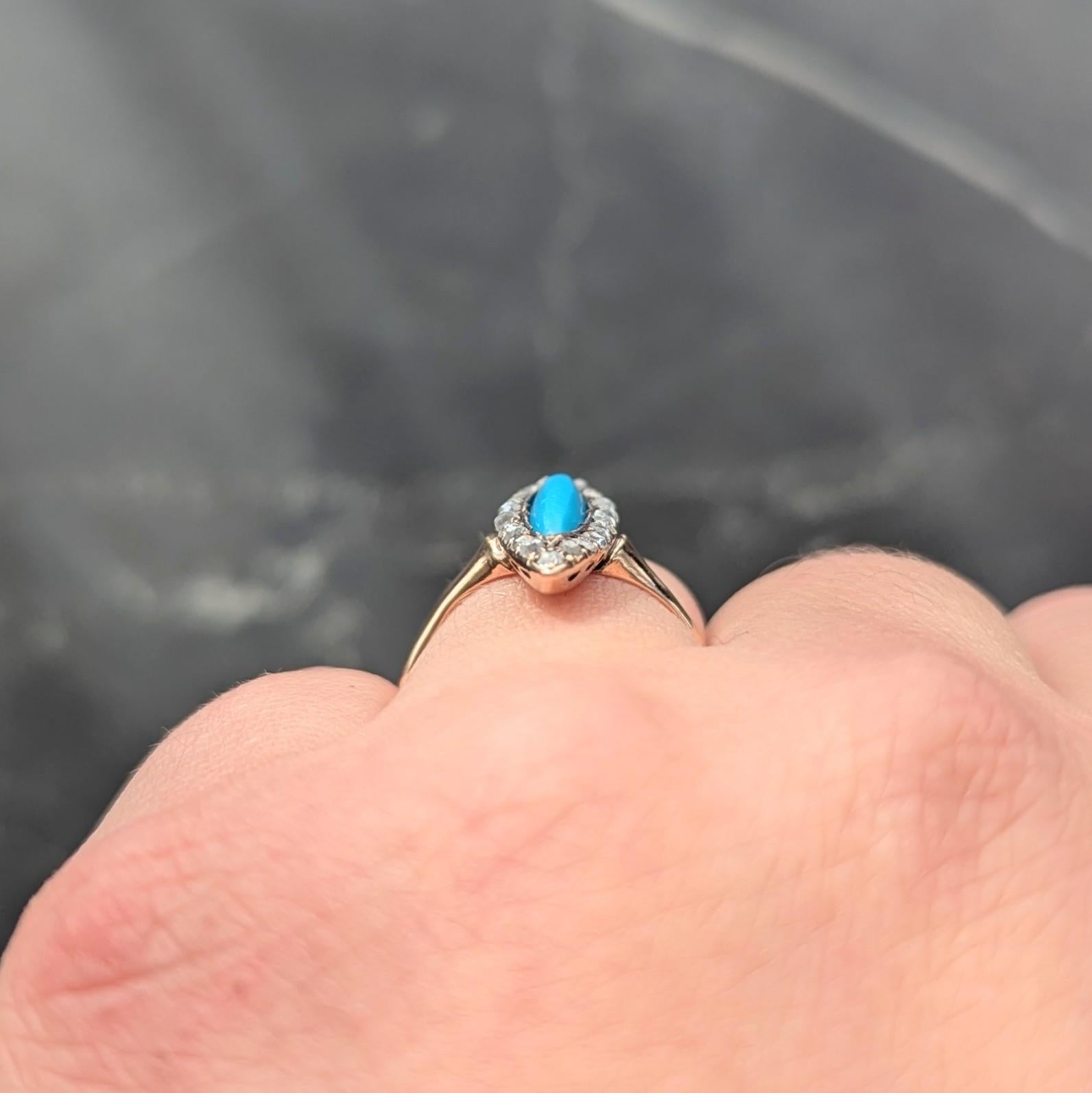 Victorian Turquoise Diamond 14 Karat Rose Gold Antique Navette Halo Ring