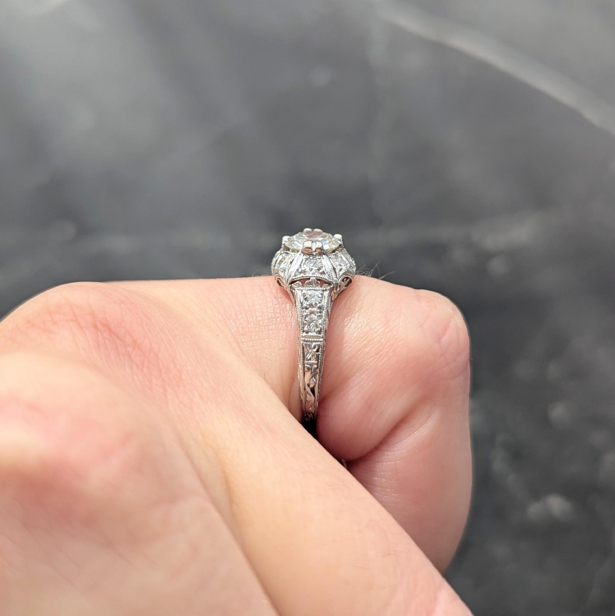 Art Deco Old European Diamond Platinum Vintage Scrolling Palm Engagement Ring