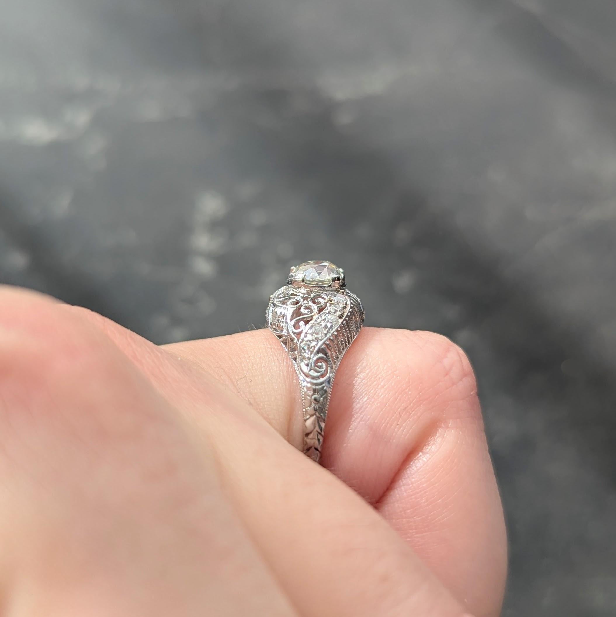 Edwardian 1.25 CTW Mine Diamond Platinum Scrolled Filigree Engagement Ring GIA
