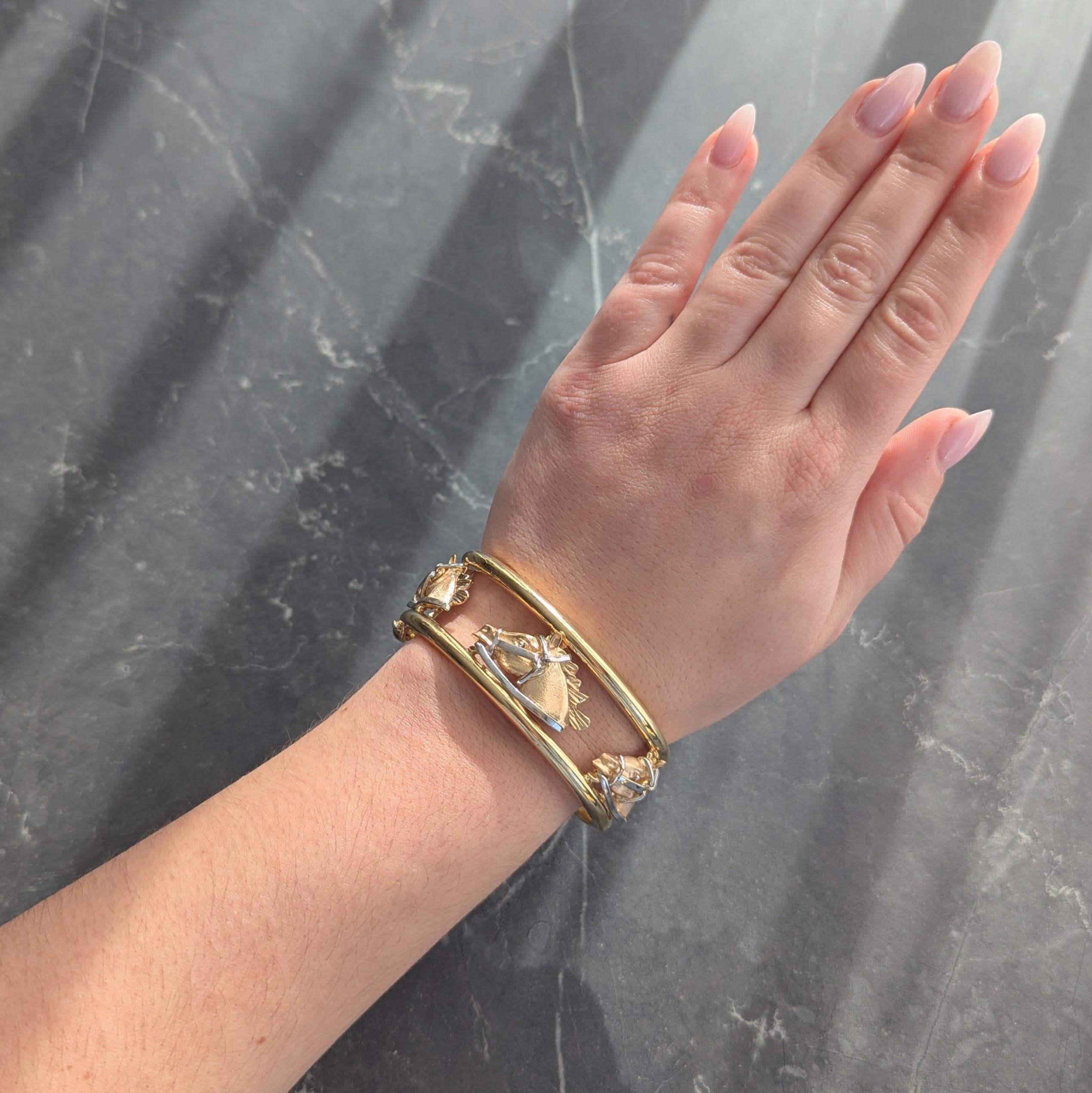 1970's 18 Karat Yellow Tri-Gold Vintage Horse Head Bangle Bracelet