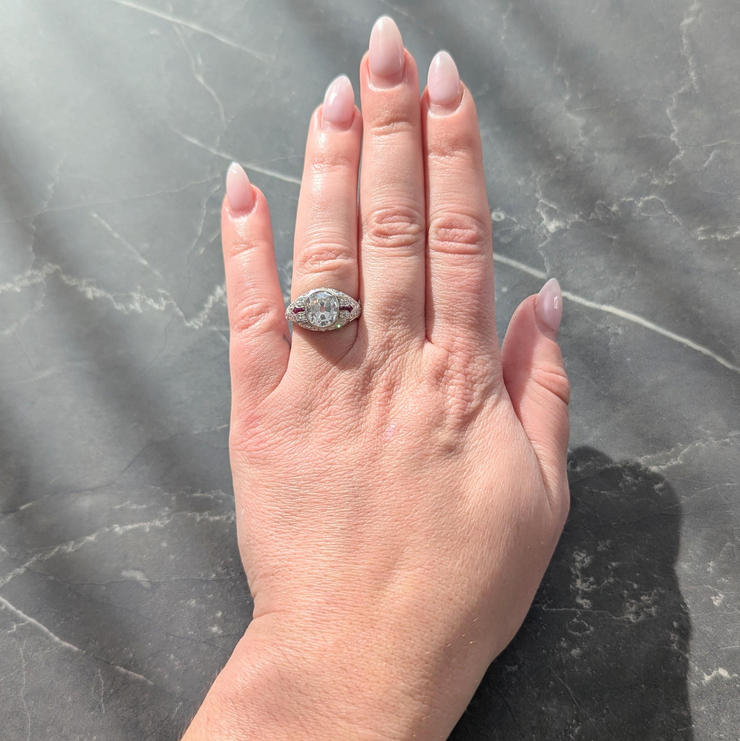 Art Deco 3.16 CTW Diamond Ruby Platinum Vintage Arrow Engagement Ring GIA