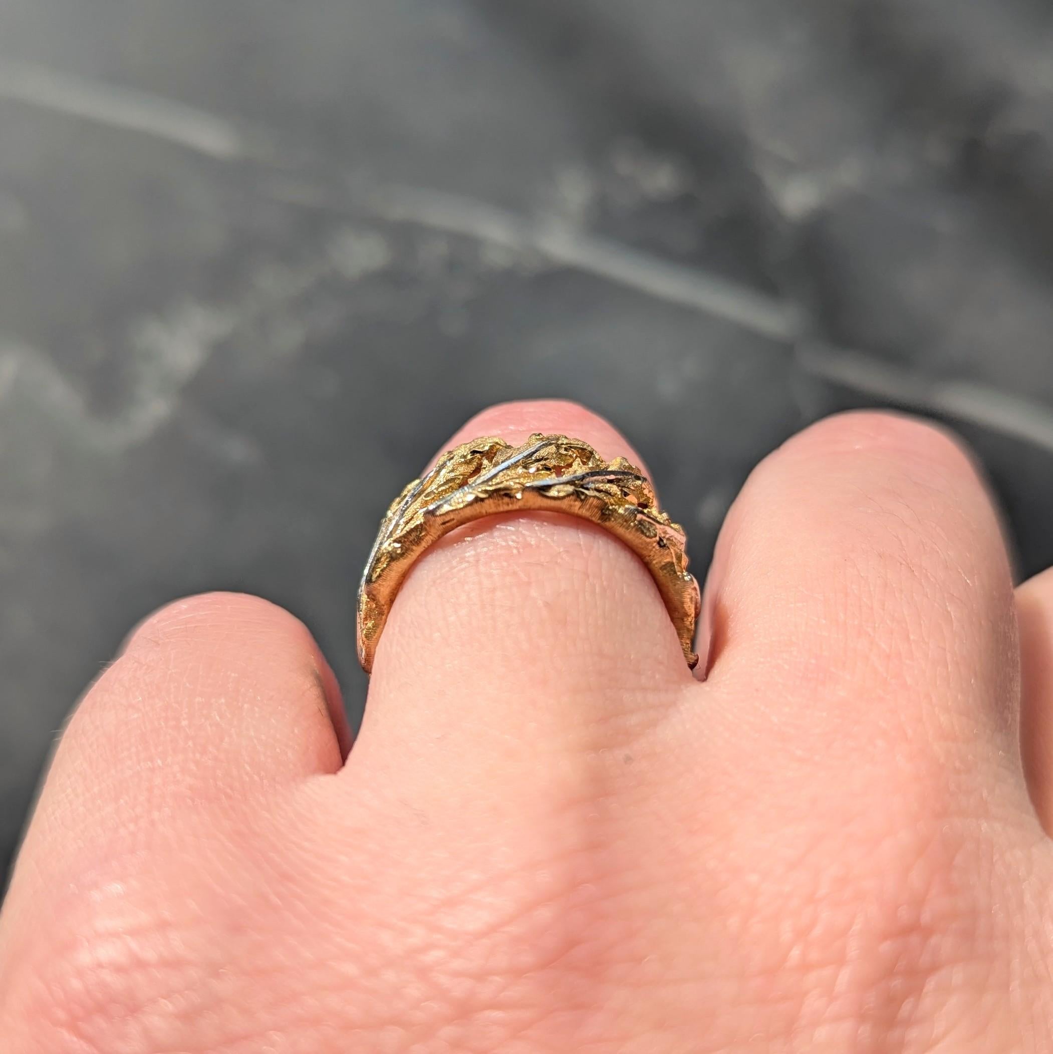 Buccellati 1970's 18 Karat Two-Tone Yellow White Gold Vintage Leaf Ring