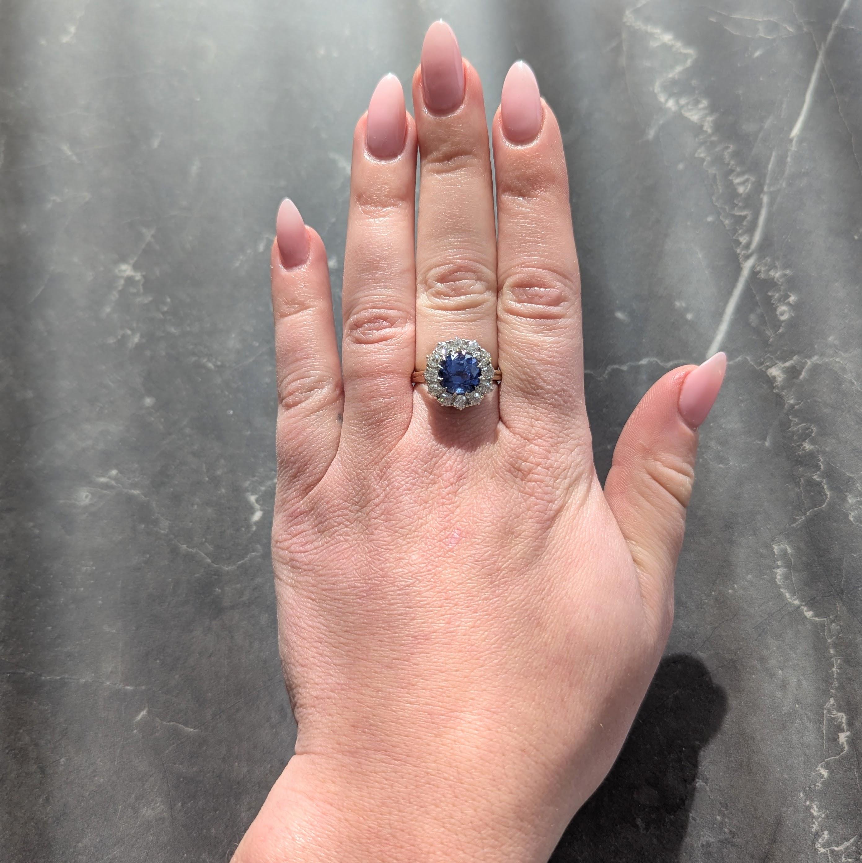 Edwardian 5.13 CTW No Heat Ceylon Sapphire Diamond 14K Antique Halo Ring GIA