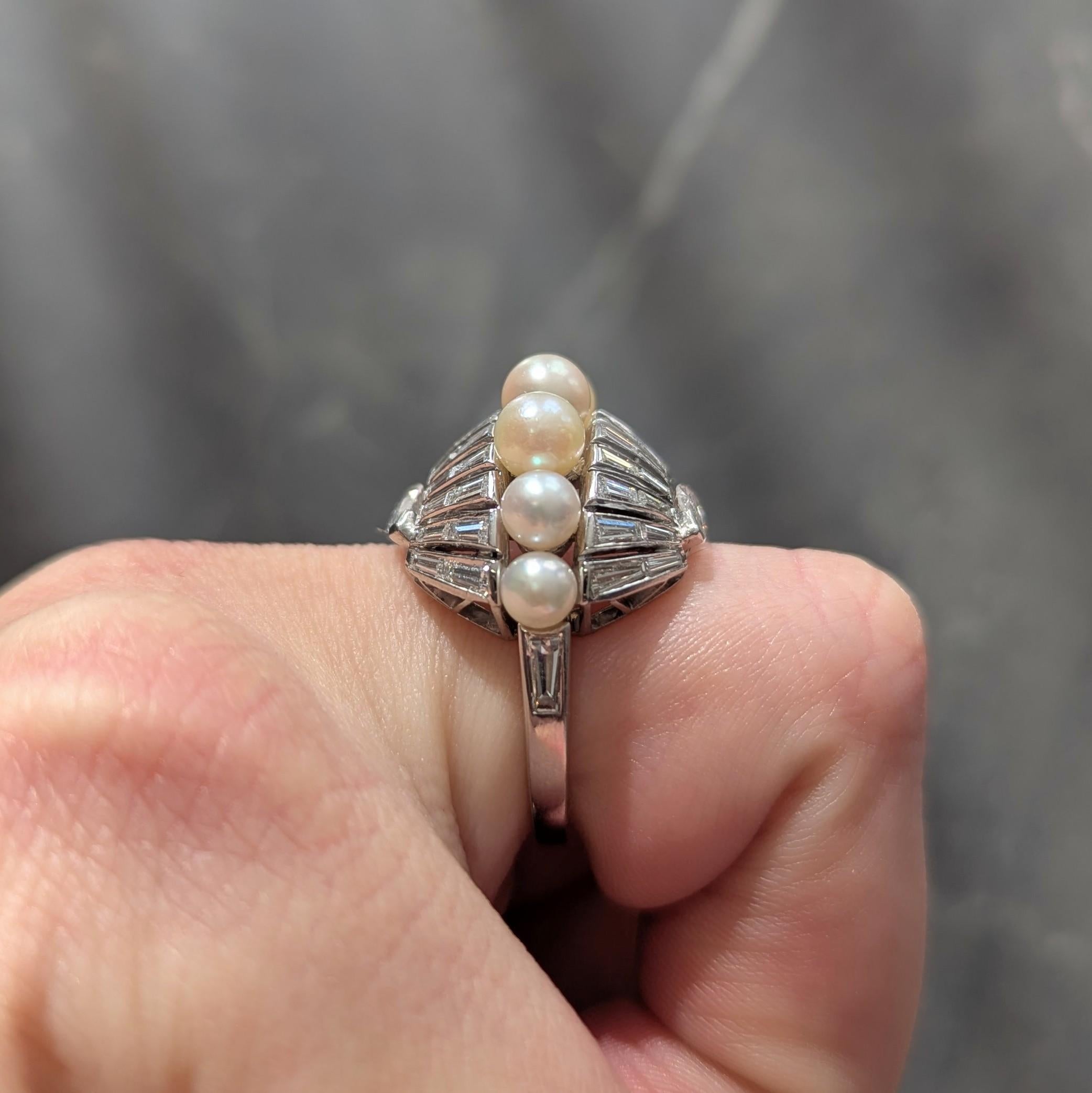 Mid-Century Modernist Pearl Diamond Platinum Vintage Fanning Cocktail Ring