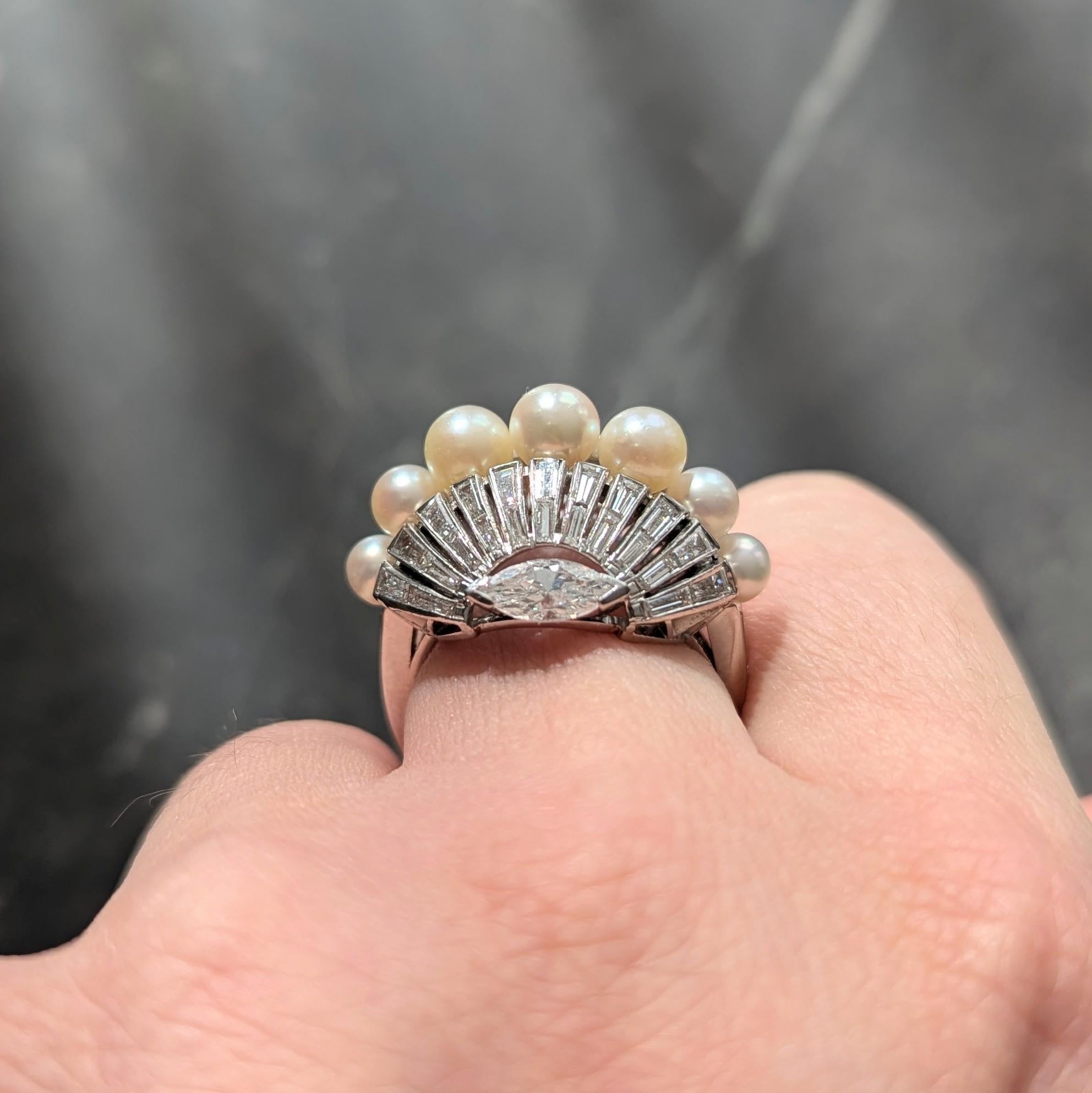 Mid-Century Modernist Pearl Diamond Platinum Vintage Fanning Cocktail Ring