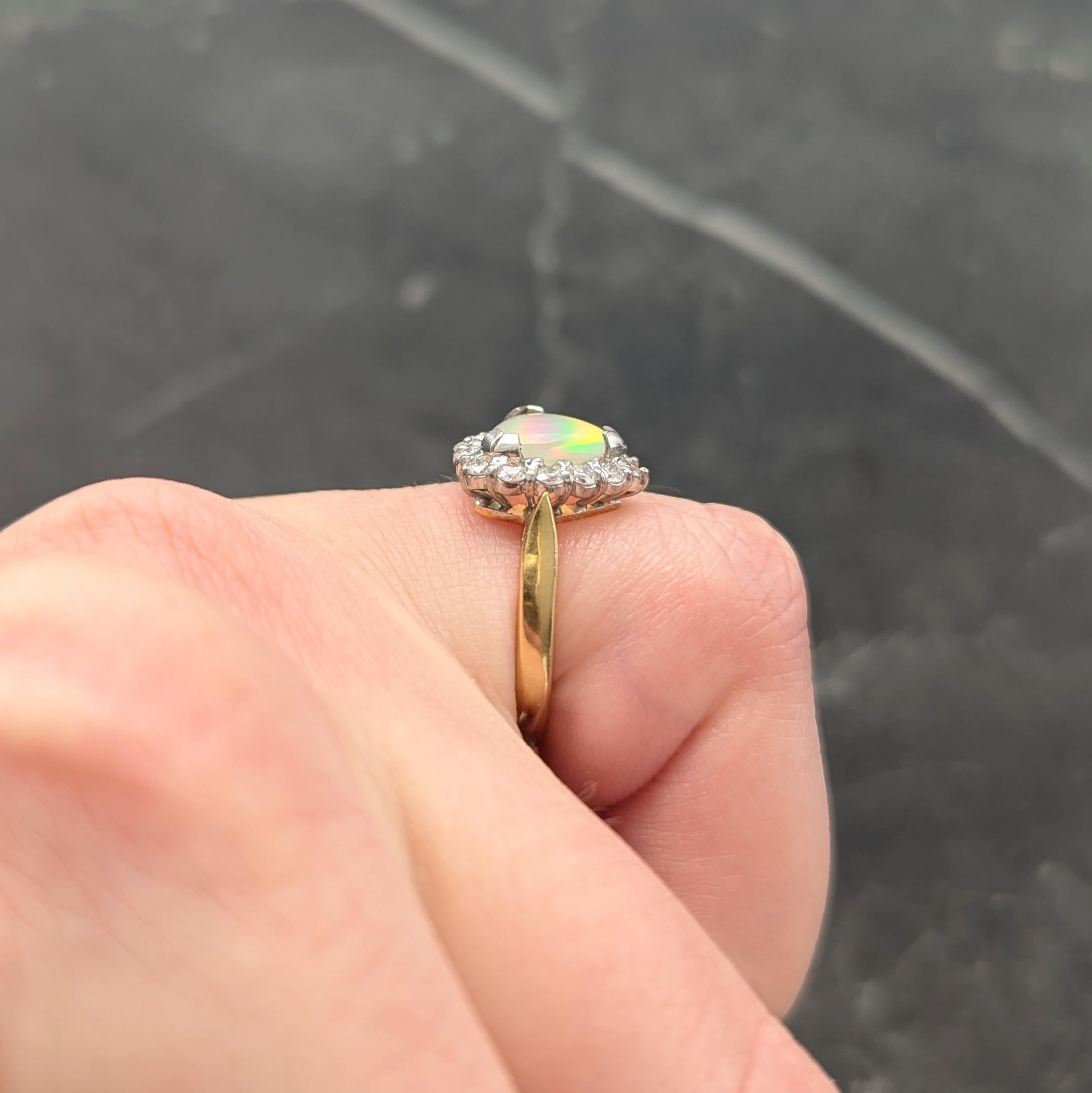 1980's Opal Diamond 18 Karat Yellow White Gold Triangular Vintage Halo Ring