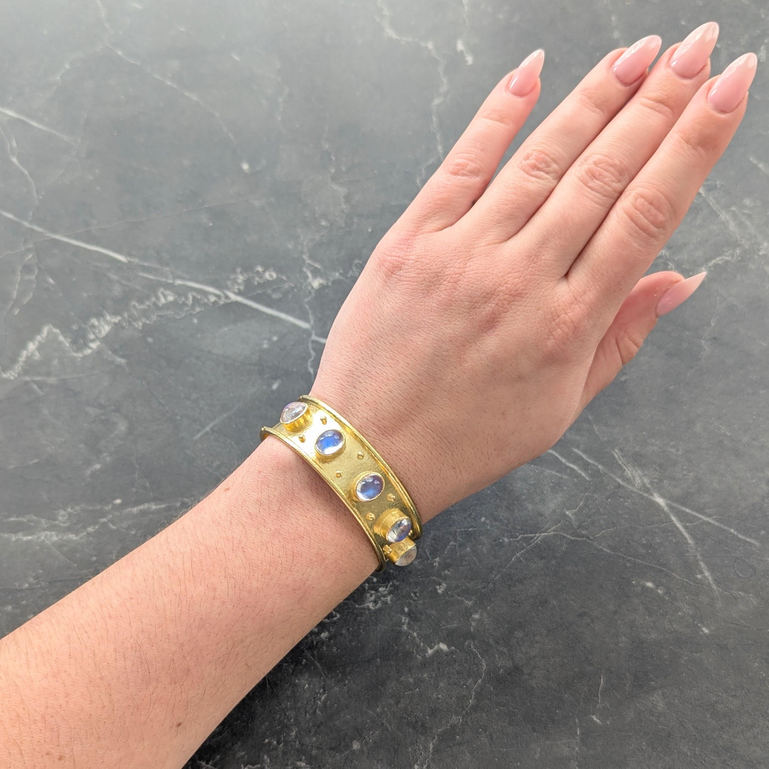 Elizabeth Locke 2000's Moonstone 18K Gold Wide Hammered Bangle Bracelet