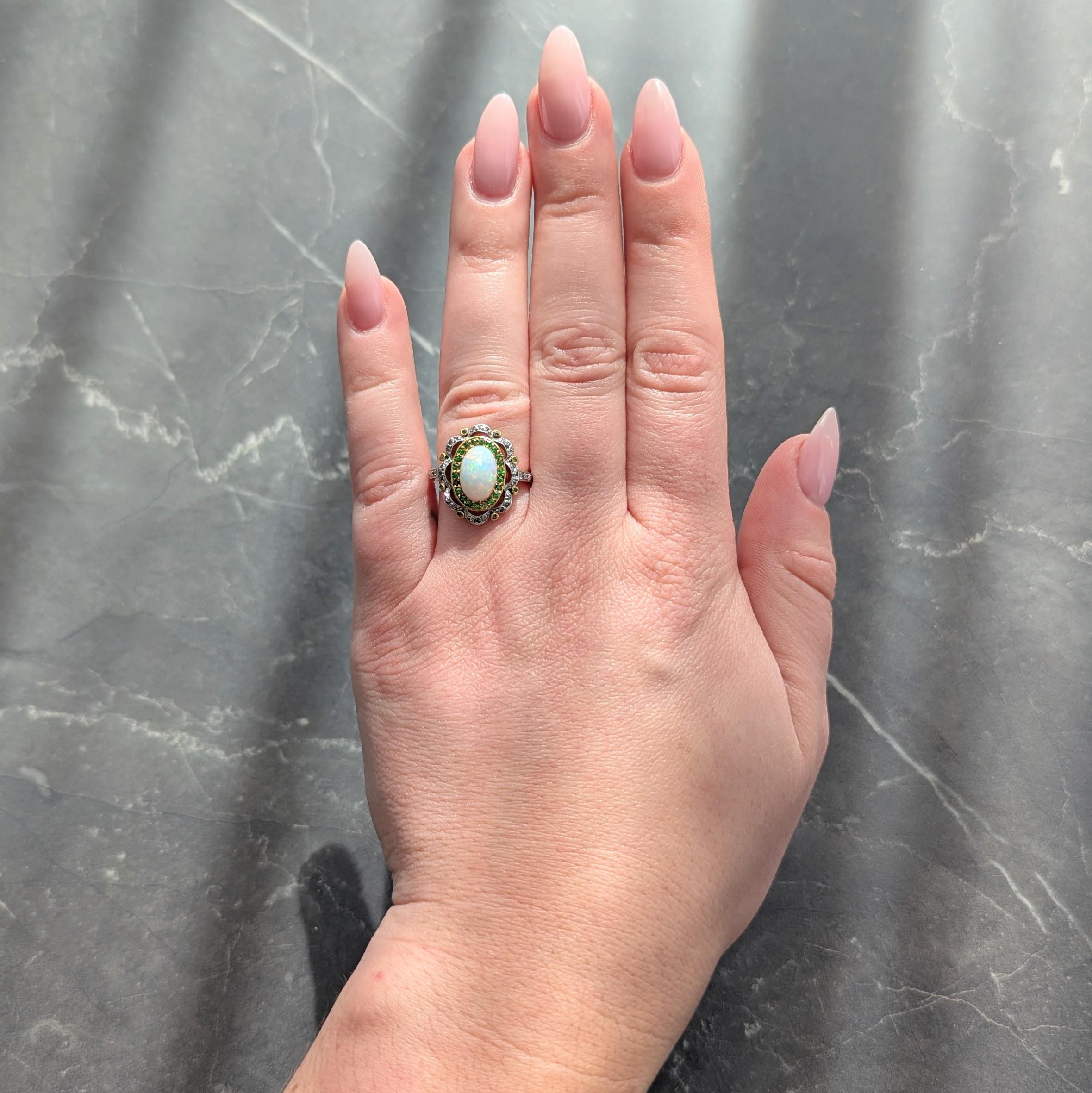 Edwardian Opal Diamond Demantoid Garnet Platinum 18K Gold Antique Cluster Ring