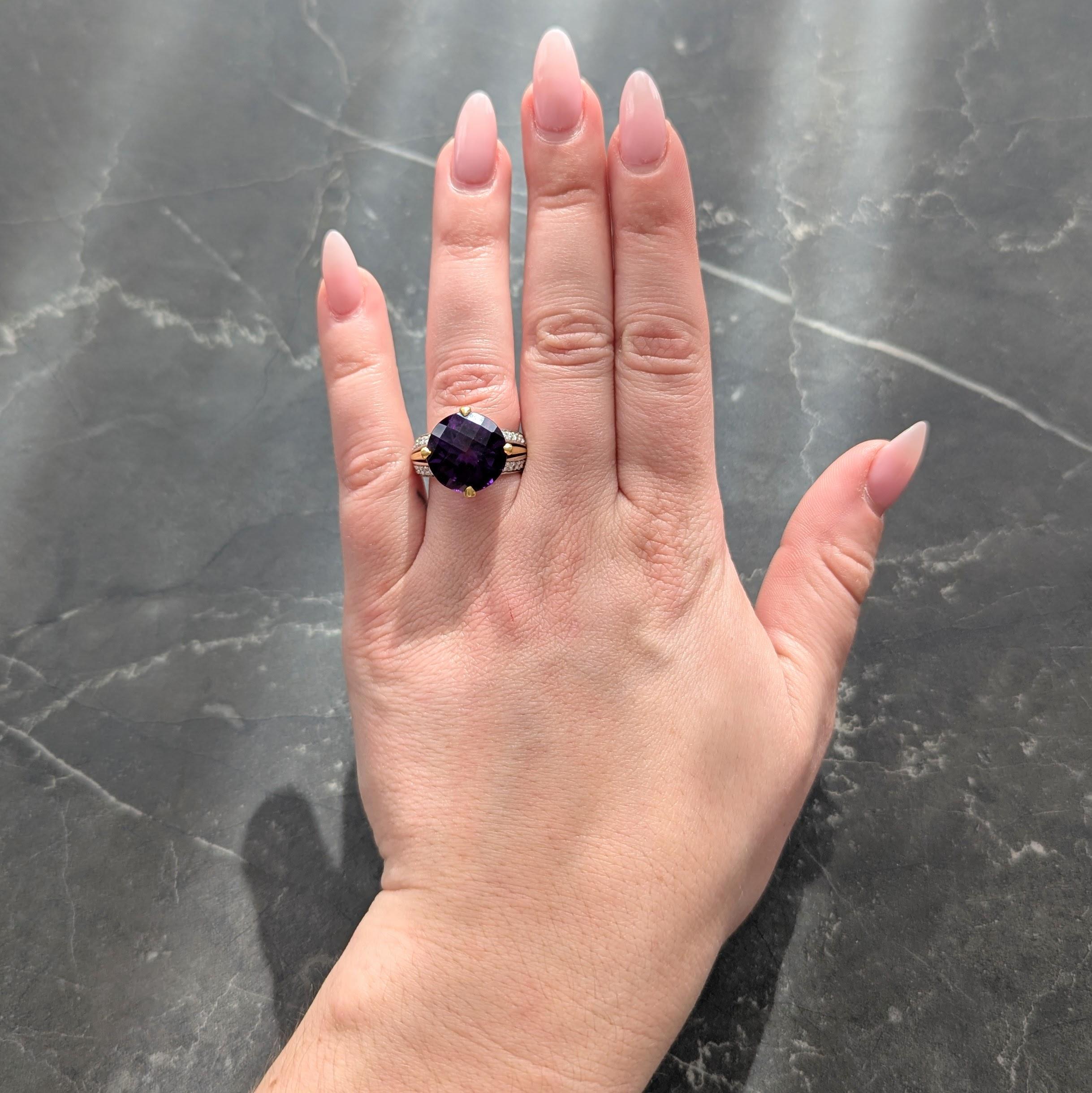 2000's Amethyst Diamond 18 Karat Two-Tone Gold Checkerboard Cocktail Ring