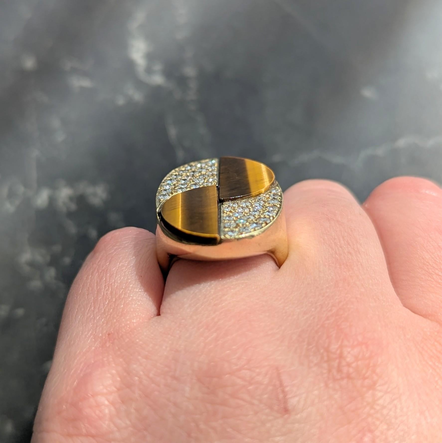 Bvlgari 1970's Diamond Tiger's Eye Quartz 18 Karat Yellow Gold Vintage Ring