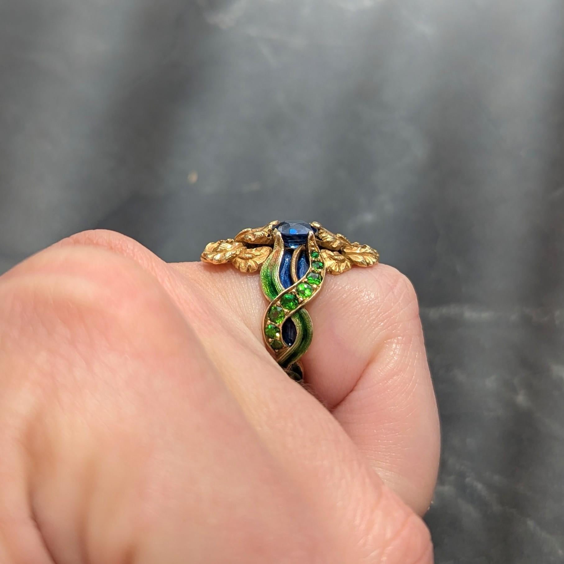 Marcus & Co. Art Nouveau Sapphire Enamel Demantoid 14K Gold Antique Iris Ring
