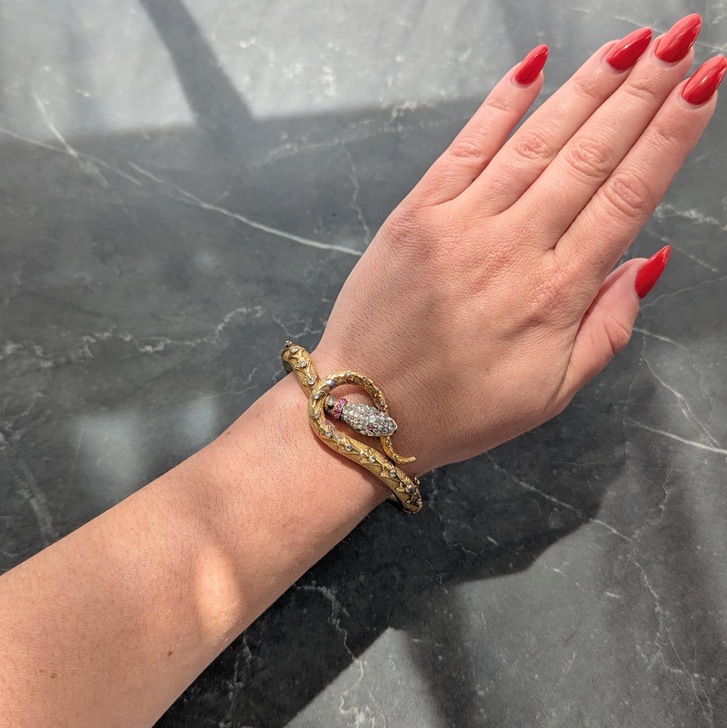 Victorian 2.53 CTW Diamond Ruby 14K Yellow Gold Antique Snake Bangle Bracelet