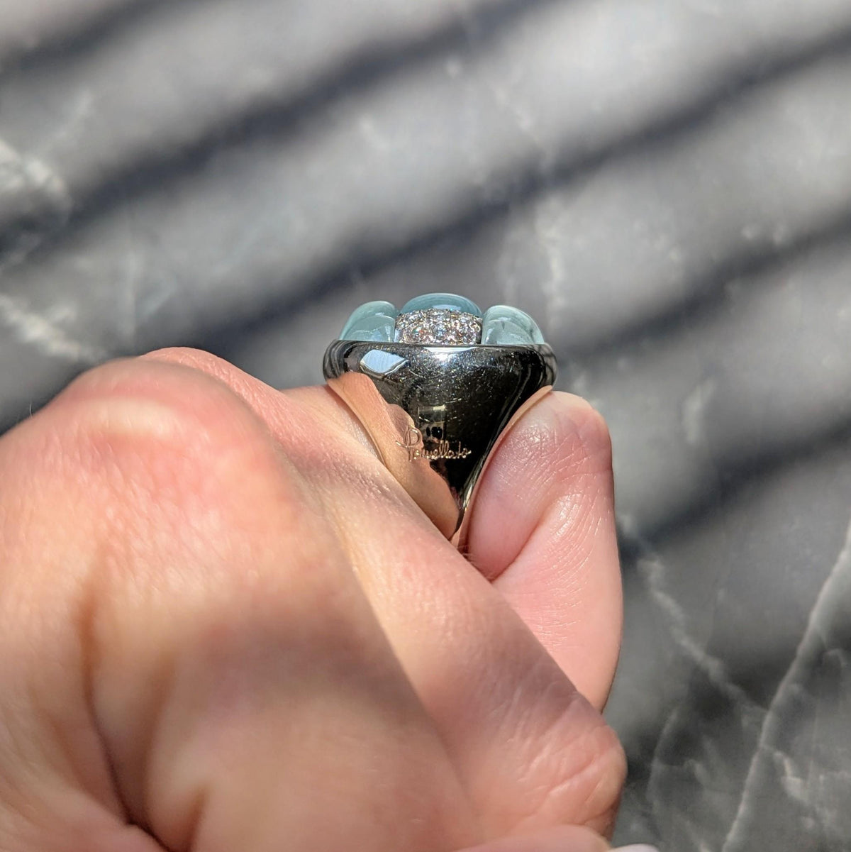 Pomellato 2000's Aquamarine Diamond 18 Karat White Gold Mosaique Statement Ring