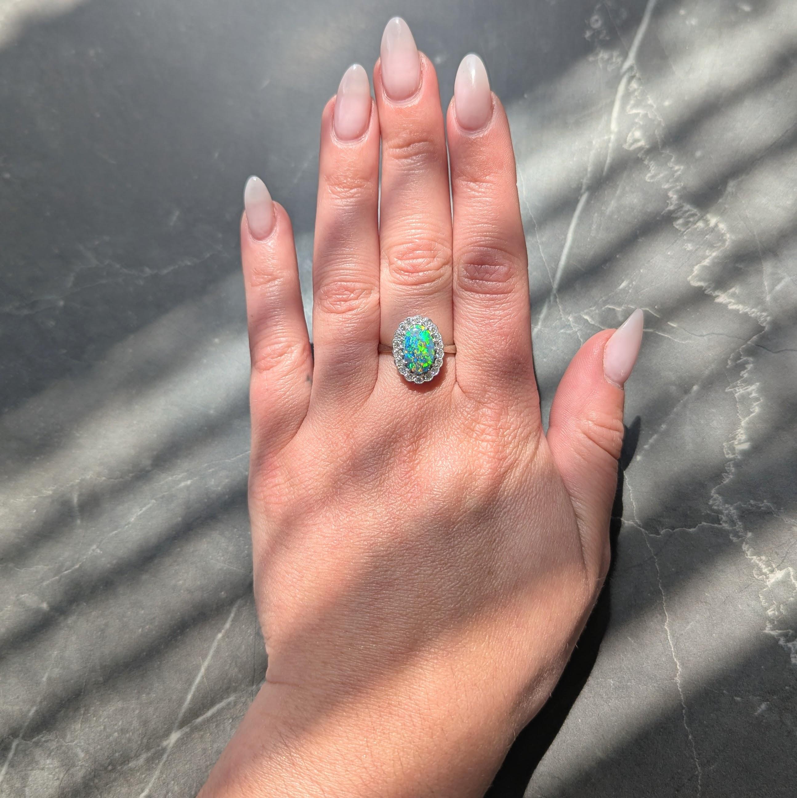 1950's Diamond Opal 18 Karat White Gold Platinum Vintage Halo Ring