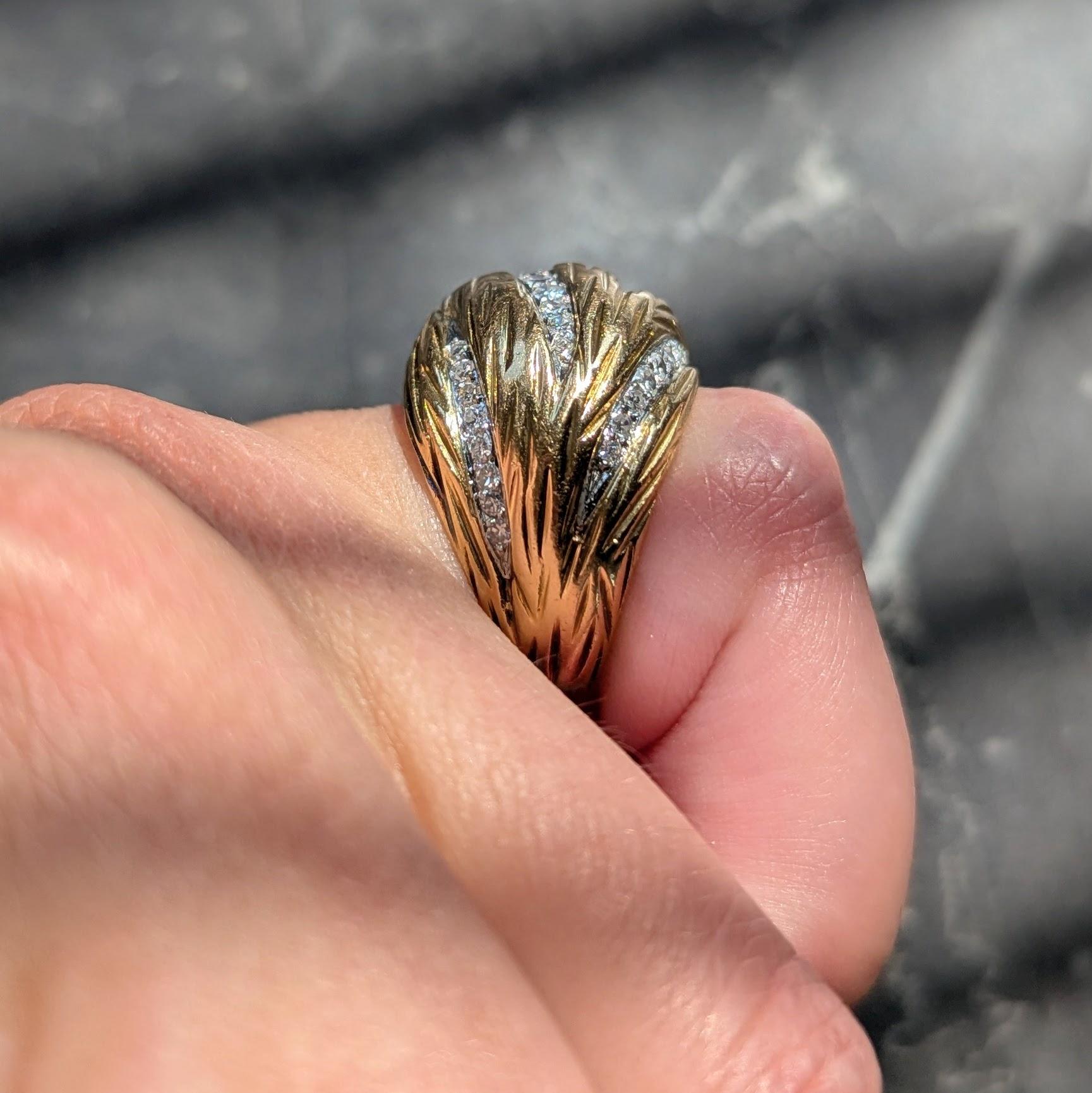 Mauboussin Paris 1960's Diamond 18 Karat Yellow Gold Platinum Vintage Dome Ring