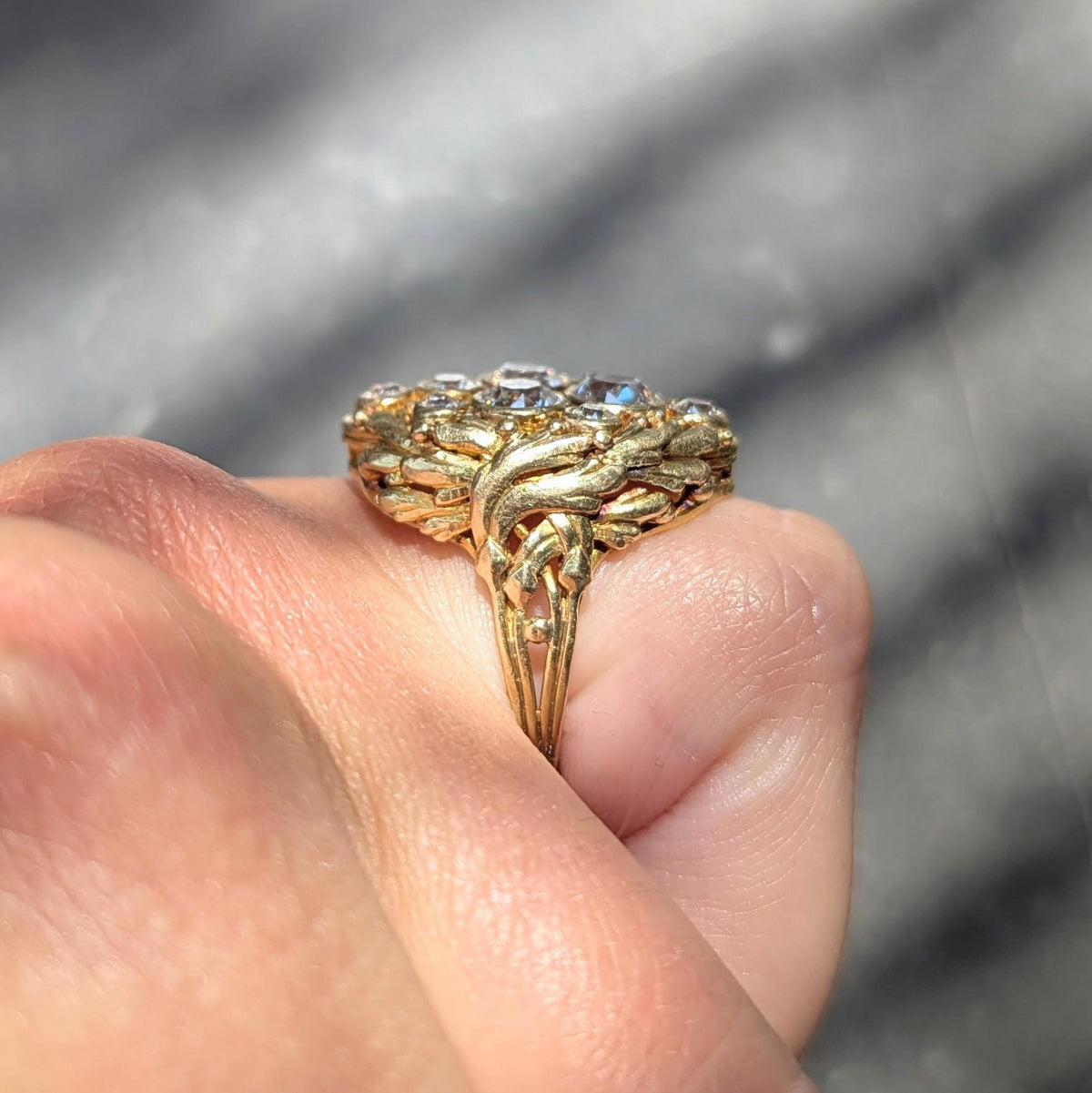 Art Nouveau 2.34 CTW Diamond 18 Karat Yellow Gold Antique Nest Cluster Ring