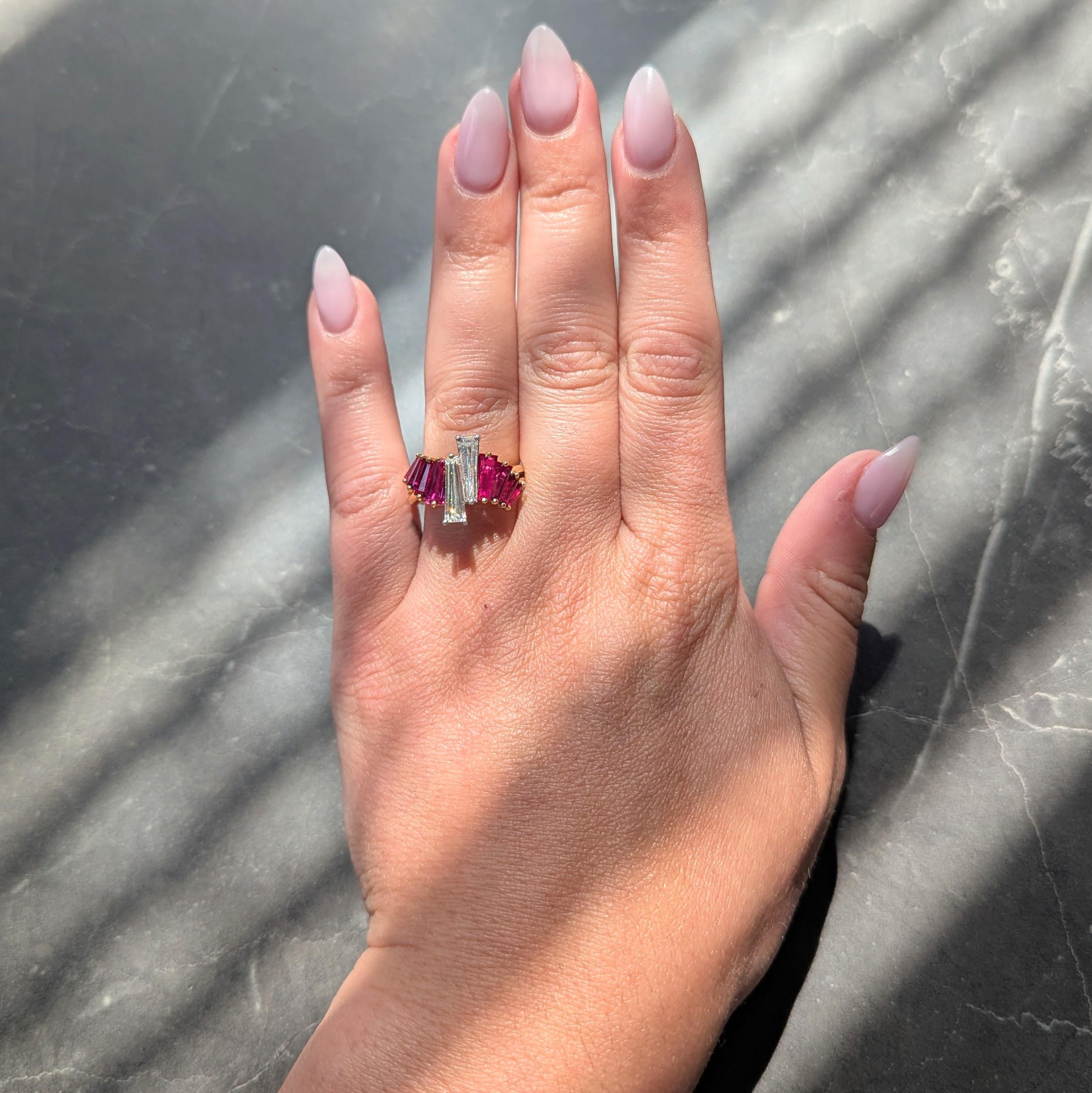 Oscar Heyman 1980's Diamond Ruby 18K Yellow Gold Platinum Vintage Bypass Ring
