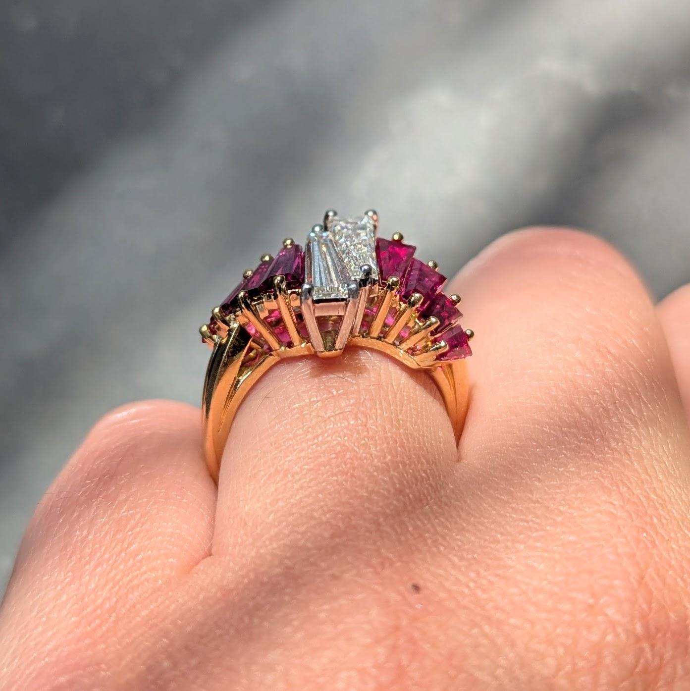 Oscar Heyman 1980's Diamond Ruby 18K Yellow Gold Platinum Vintage Bypass Ring
