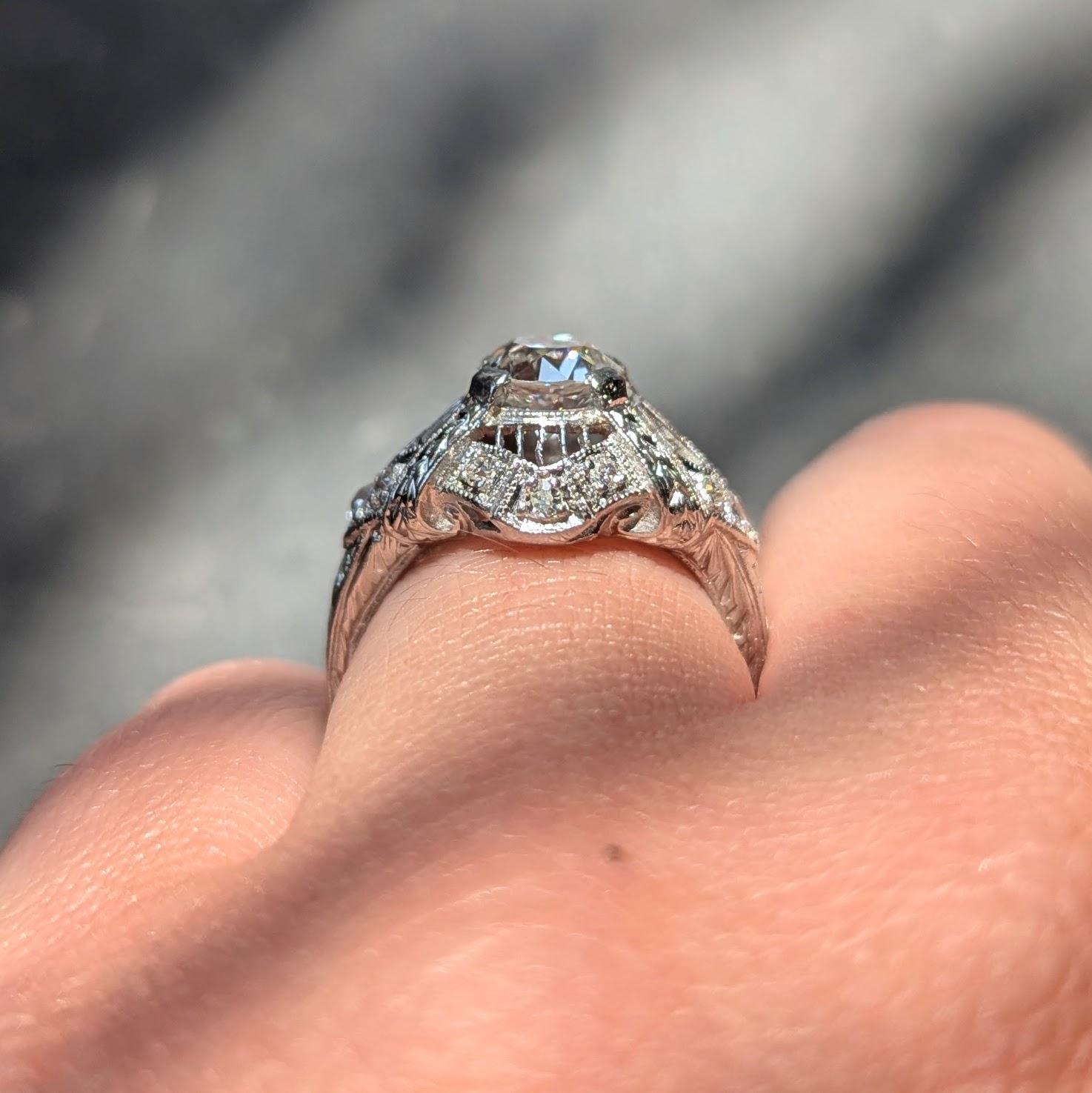 Art Deco European Diamond Platinum Vintage Wheat Bombe Engagement Ring
