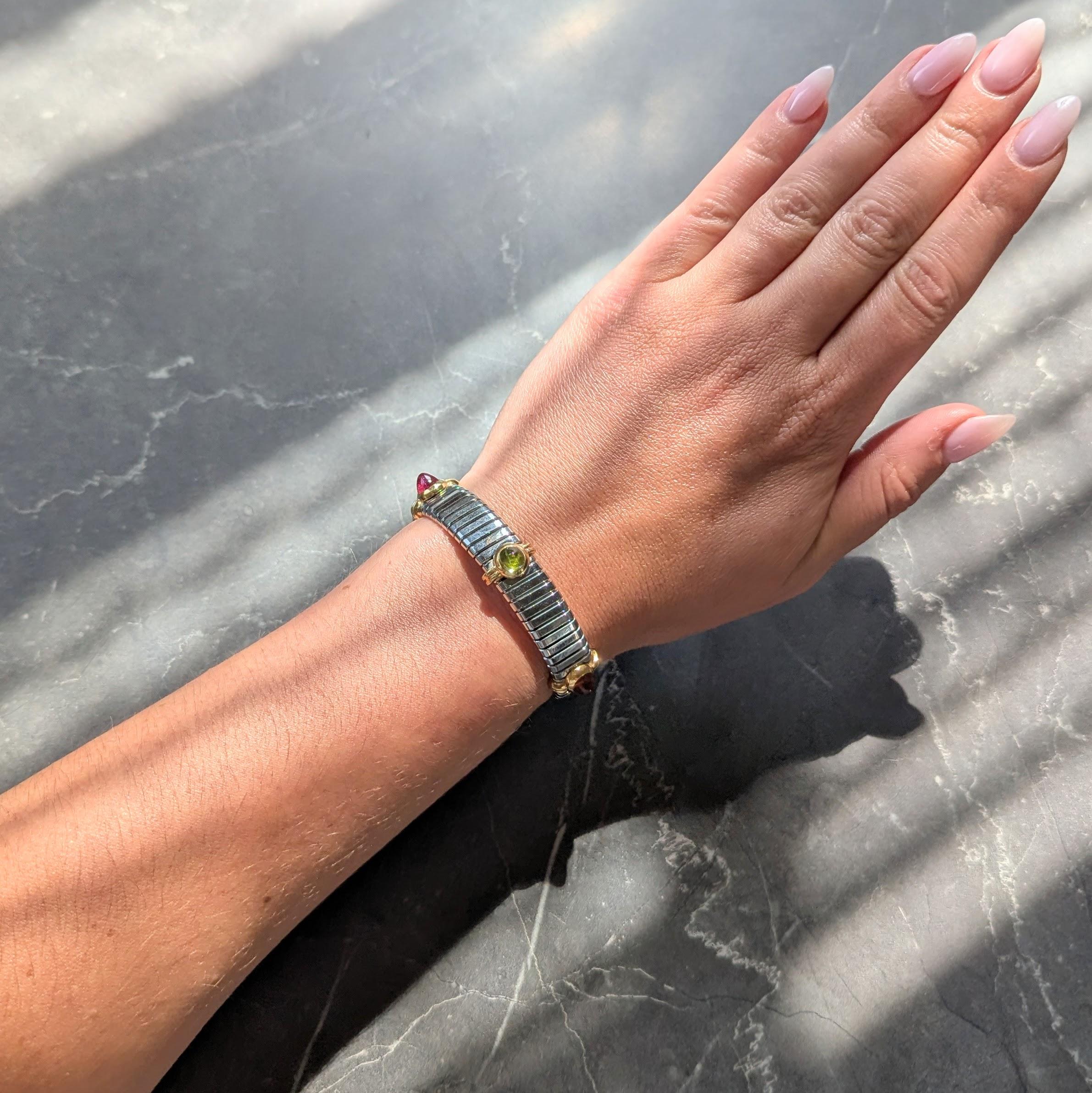 Bulgari 1980's Multi-Gem 18K Yellow Gold Steel Vintage Tubogas Cuff Bracelet