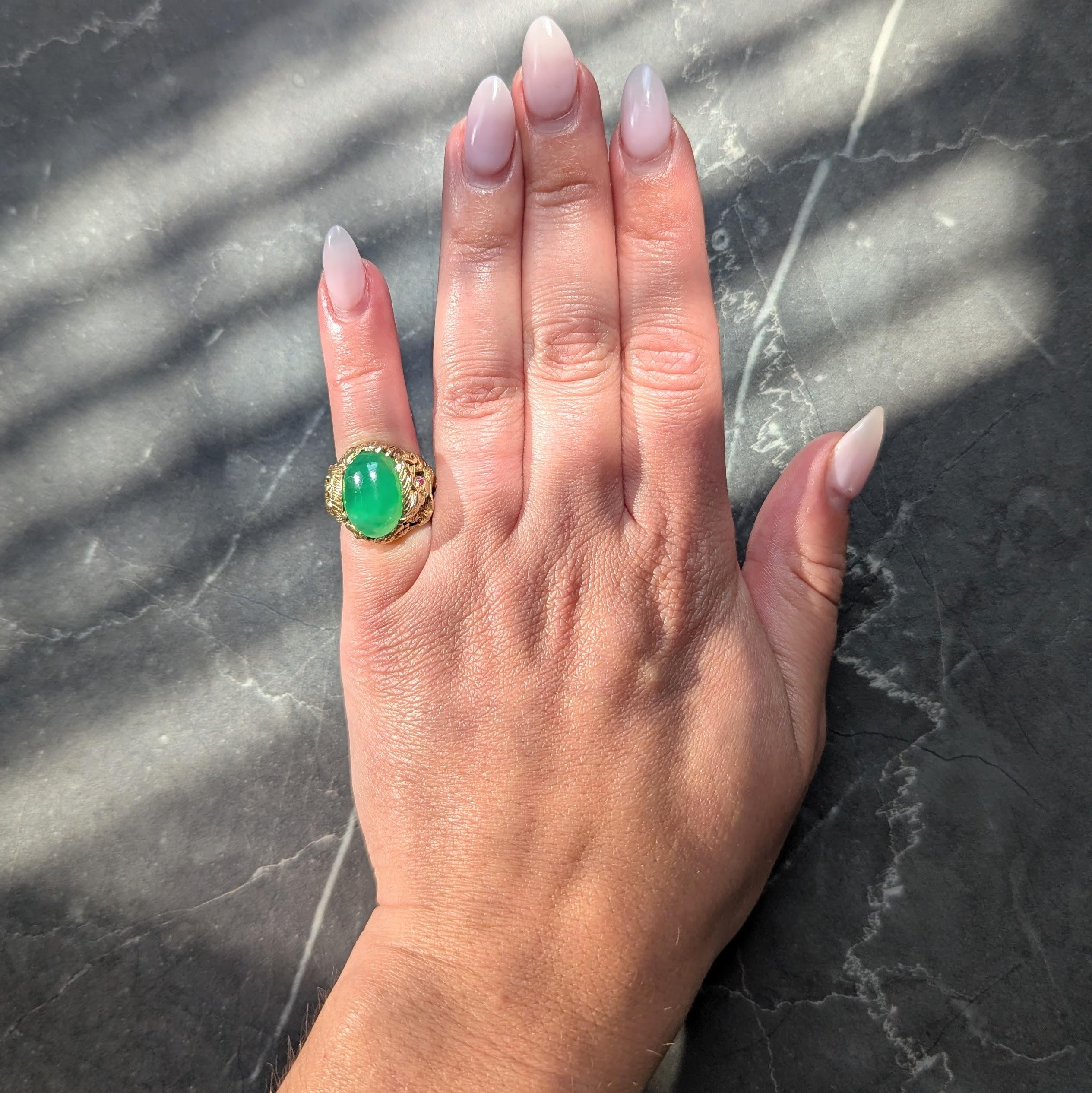 Art Nouveau Jadeite Jade Ruby 18 Karat Yellow Gold Dragon Antique Ring GIA
