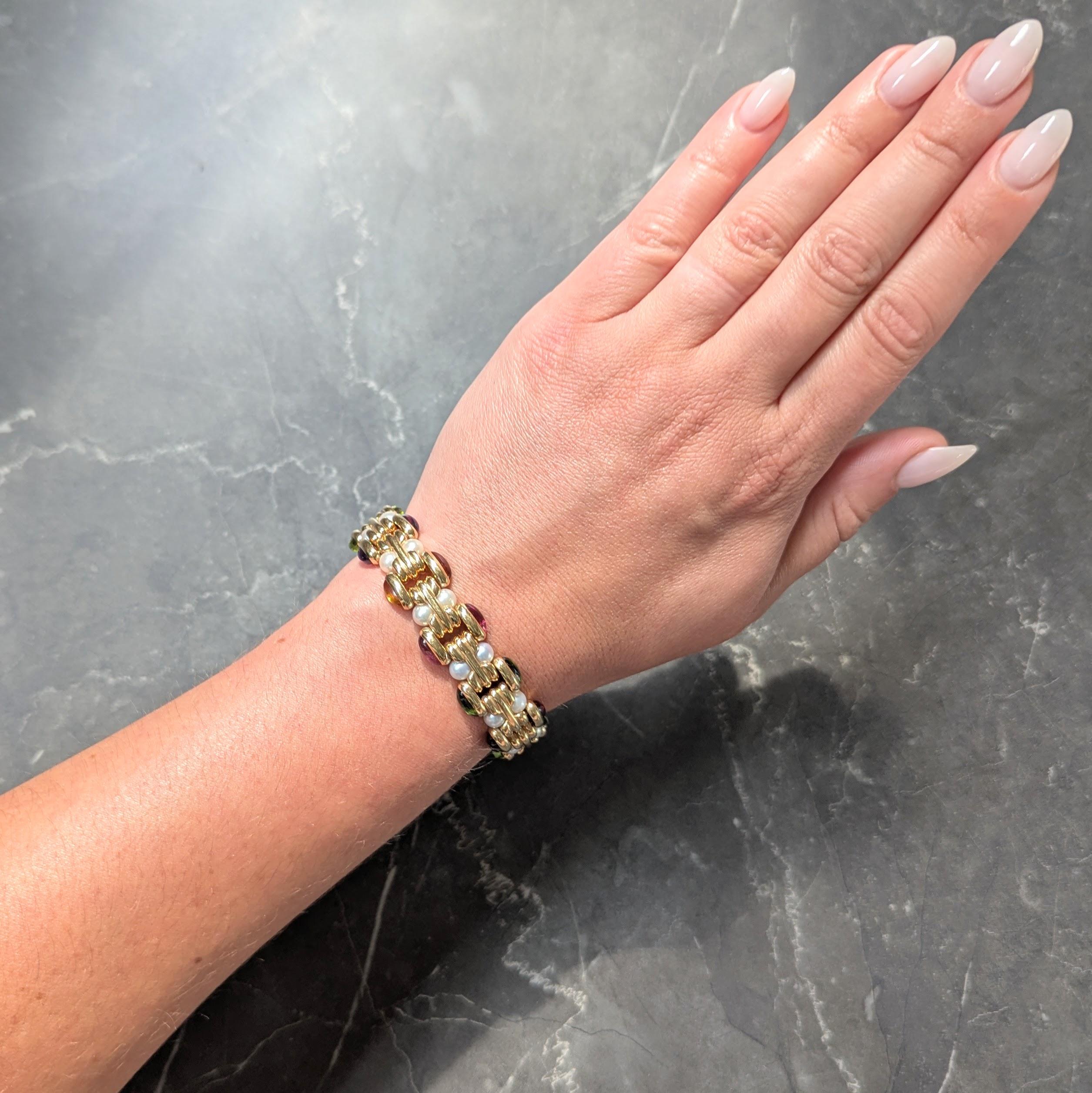 Bulgari 1980's Multi-Gem Citrine Pearl 18K Yellow Gold Vintage Link Bracelet