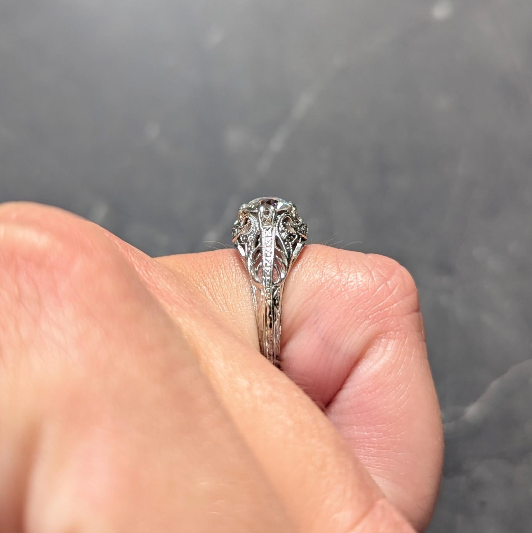 Art Deco 1.02 CTW Old European Cut Diamond 18 Karat White Gold Engagement Ring
