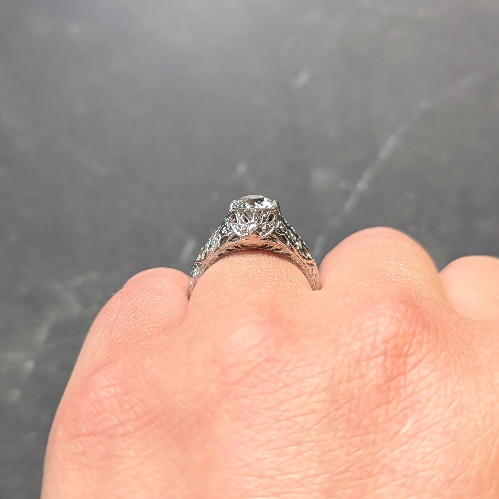 Art Deco 1.02 CTW Old European Cut Diamond 18 Karat White Gold Engagement Ring
