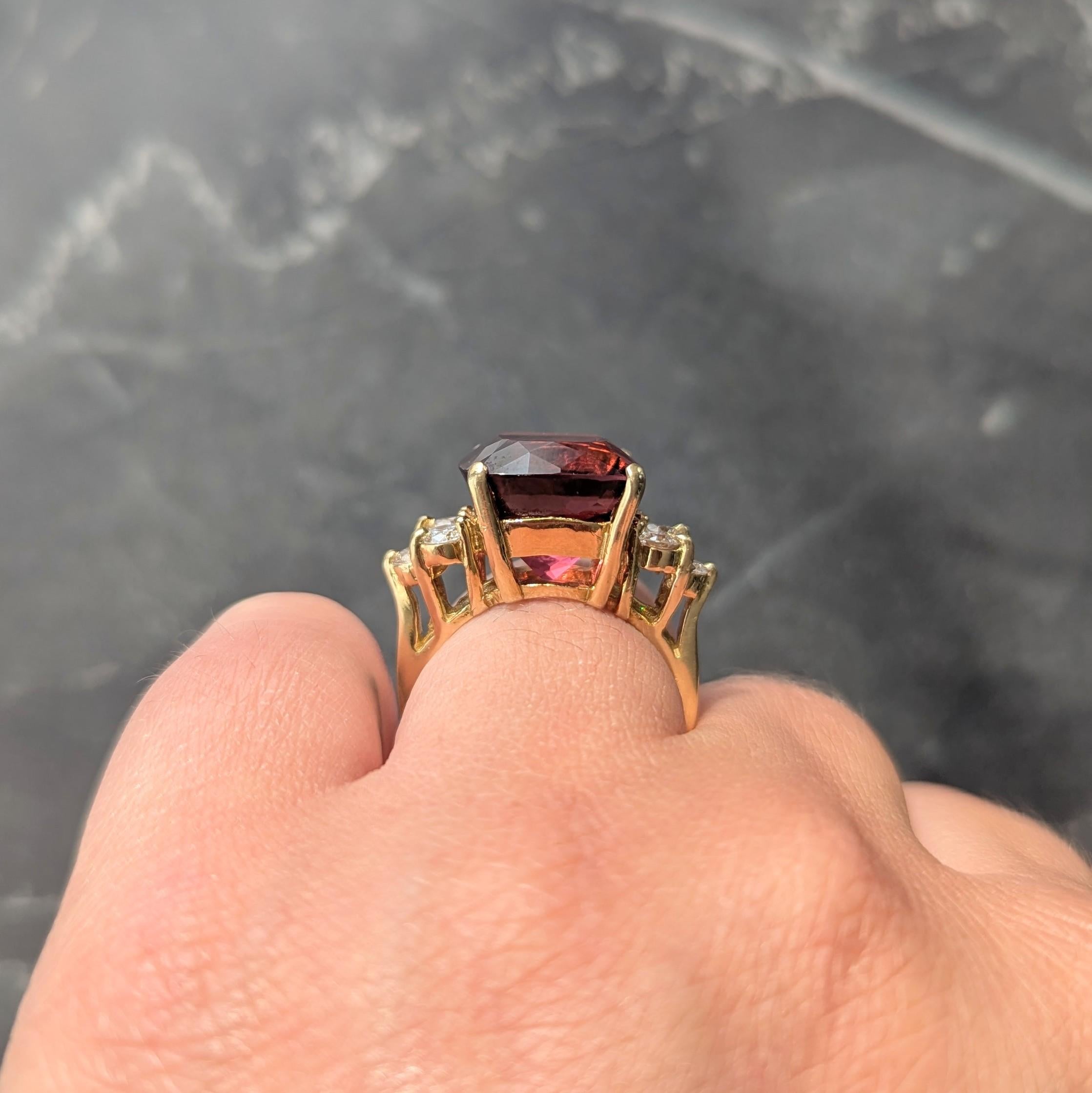 1980's Rubellite Tourmaline Diamond 18 Karat Yellow Gold Vintage Cocktail Ring