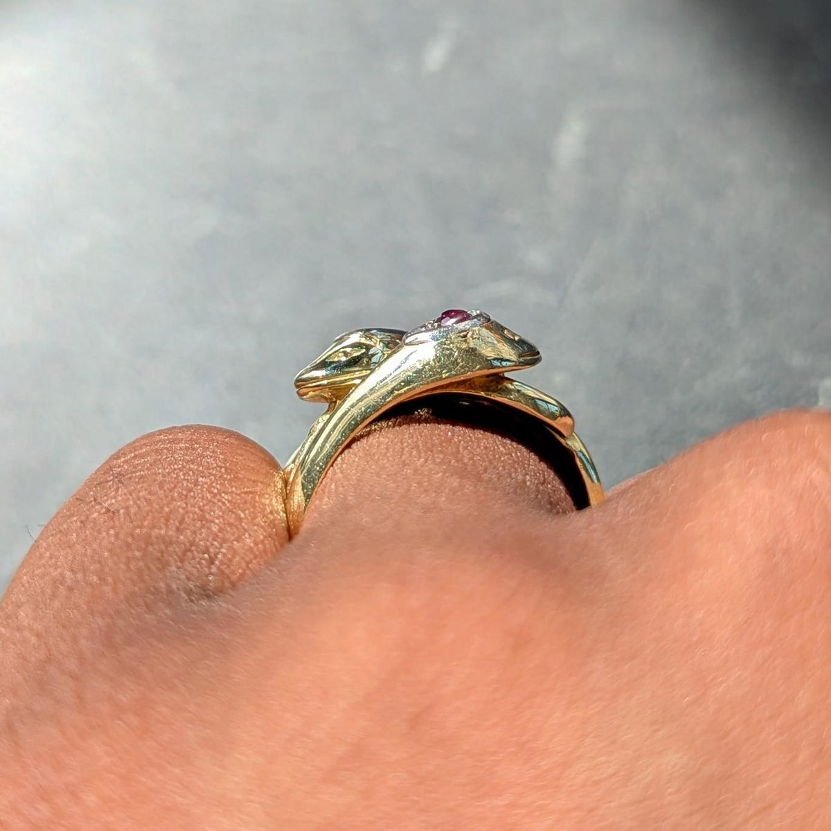 Vintage Ruby Diamond 14 Karat Two-Tone Gold Lovers Knot Unisex Snake Band Ring