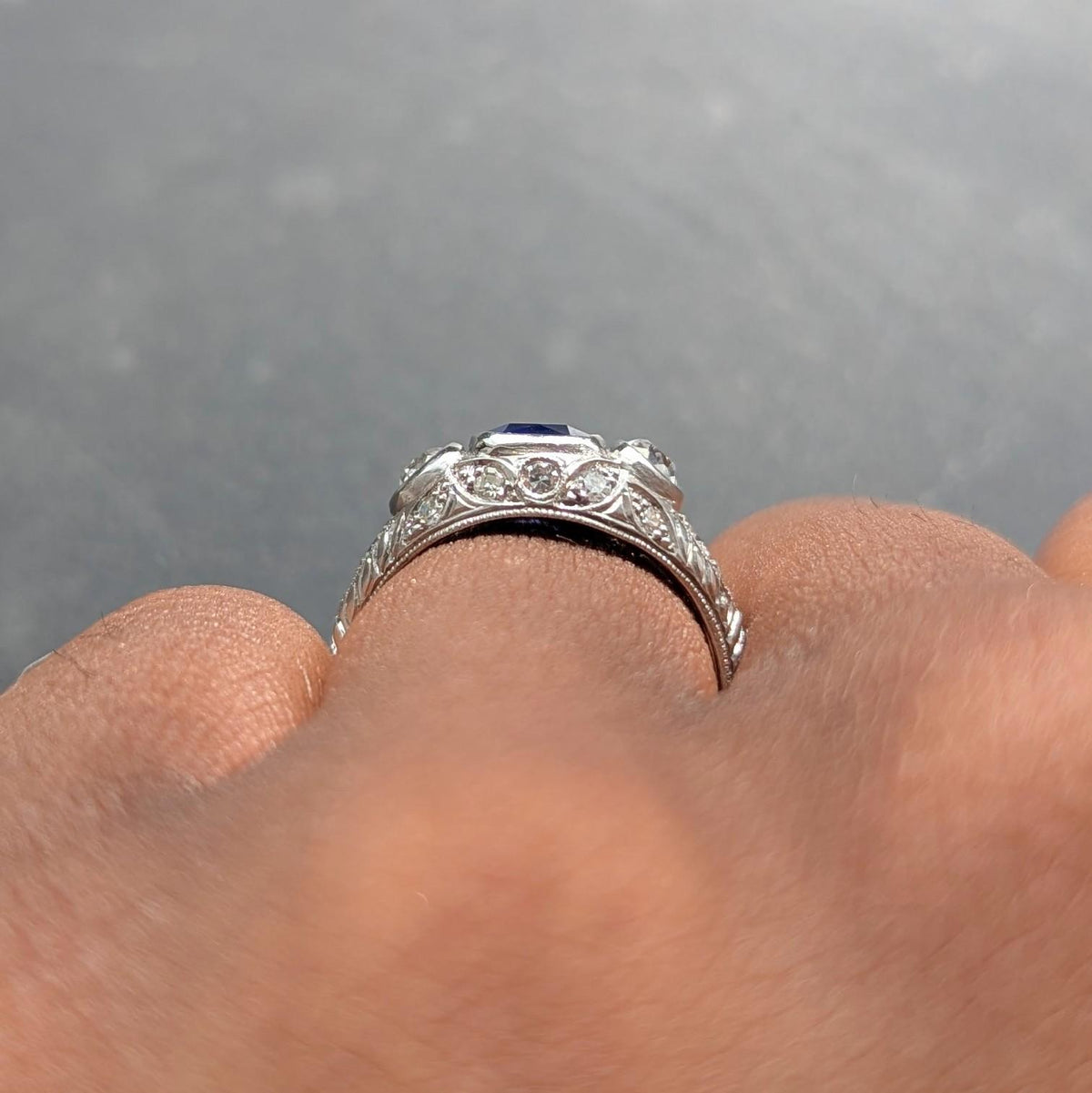 Edwardian 1.98 CTW No Heat Sapphire Diamond Platinum Antique Foliate Ring GIA