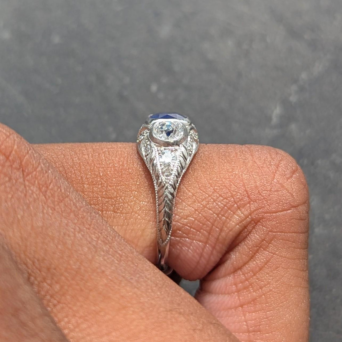 Edwardian 1.98 CTW No Heat Sapphire Diamond Platinum Antique Foliate Ring GIA