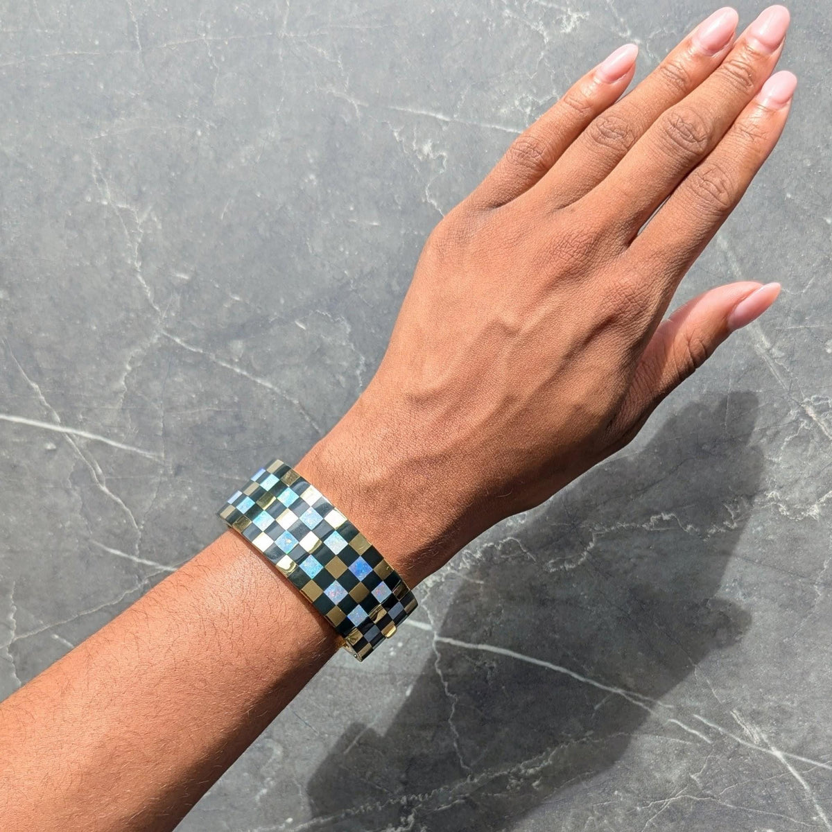 Tiffany & Co. 1980's Opal Onyx 18K Gold Vintage Wide Checkerboard Bracelet