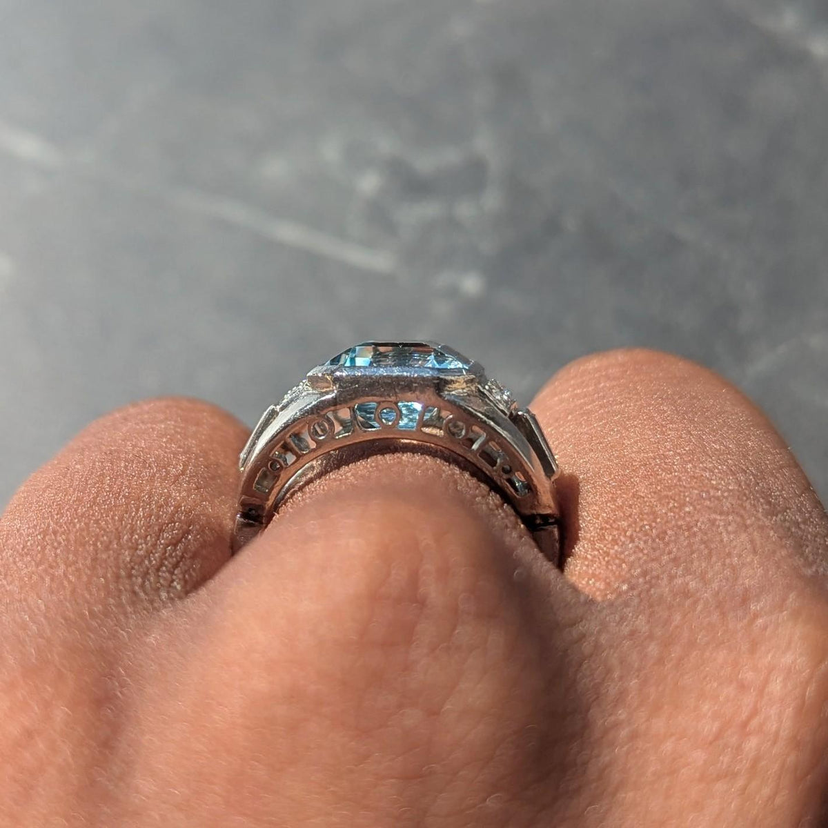 Art Deco 4.95 CTW Aquamarine Diamond Platinum Vintage Buckle Ring