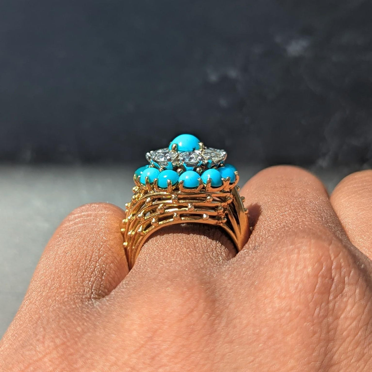 Cartier Paris 1960's Turquoise Diamond Platinum 18K Gold Vintage Cluster Ring