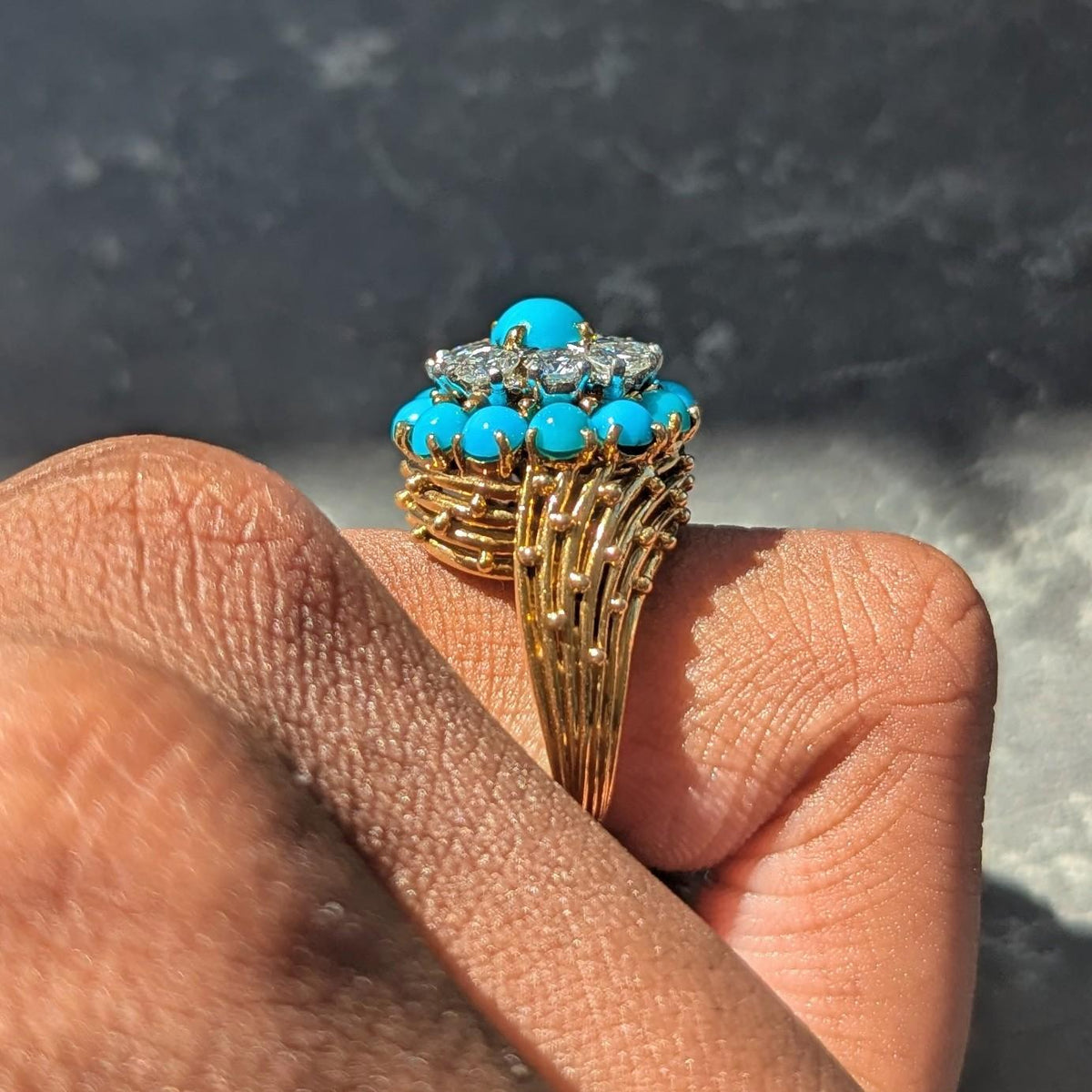 Cartier Paris 1960's Turquoise Diamond Platinum 18K Gold Vintage Cluster Ring