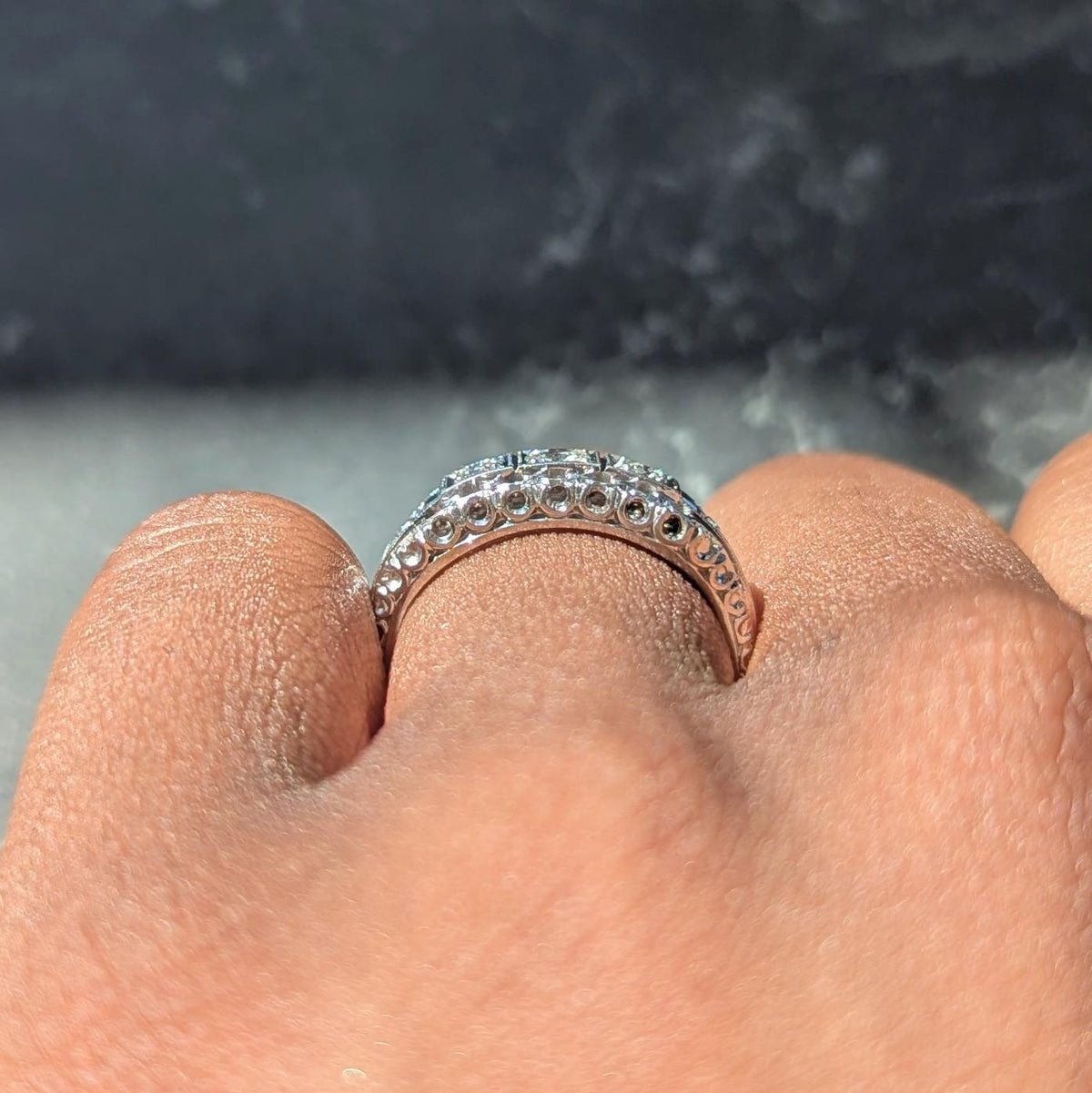 Jabel Mid-Century Diamond 18 Karat White Gold Vintage Fishtail Bombé Ring