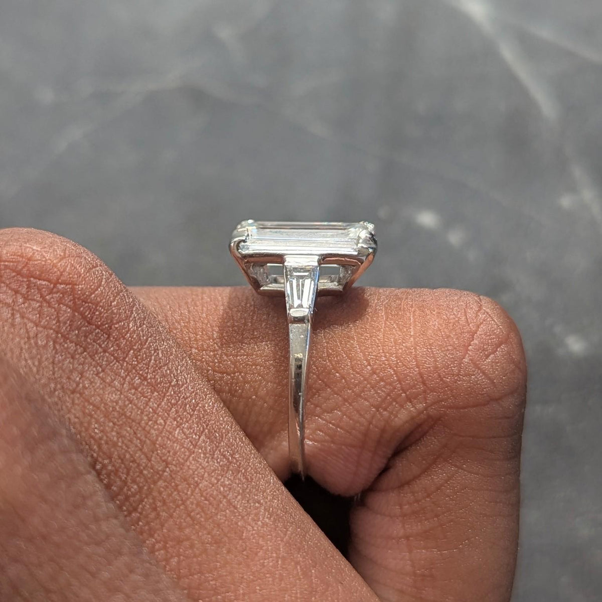 Vintage 4.25 CTW Elongated Emerald Cut Diamond Platinum Engagement Ring GIA