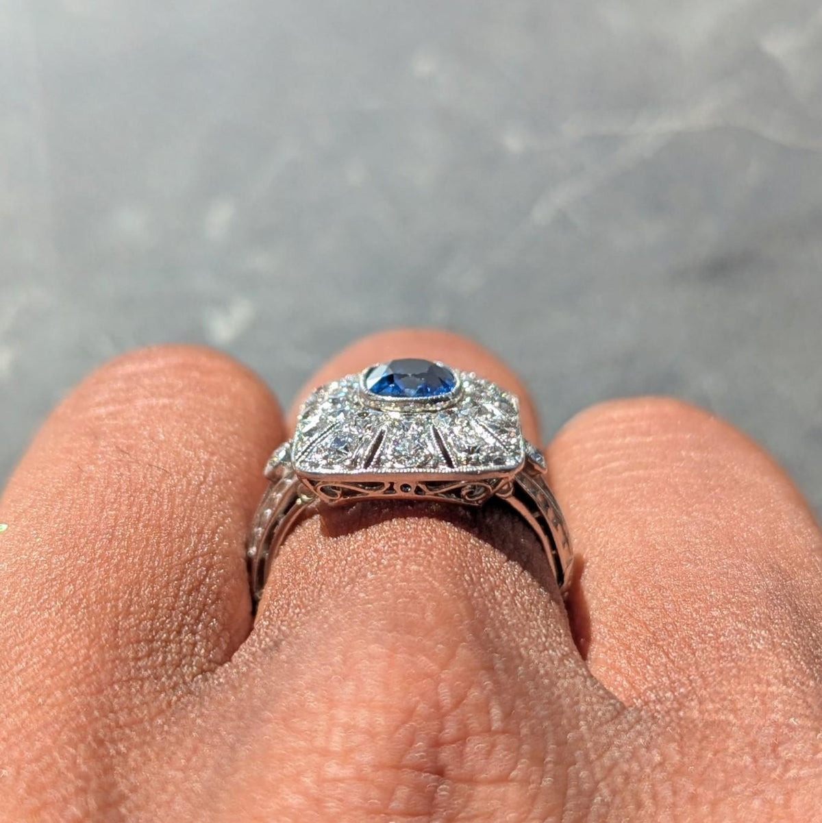 Edwardian Sapphire Diamond Platinum Scrolling Filigree Antique Dinner Ring