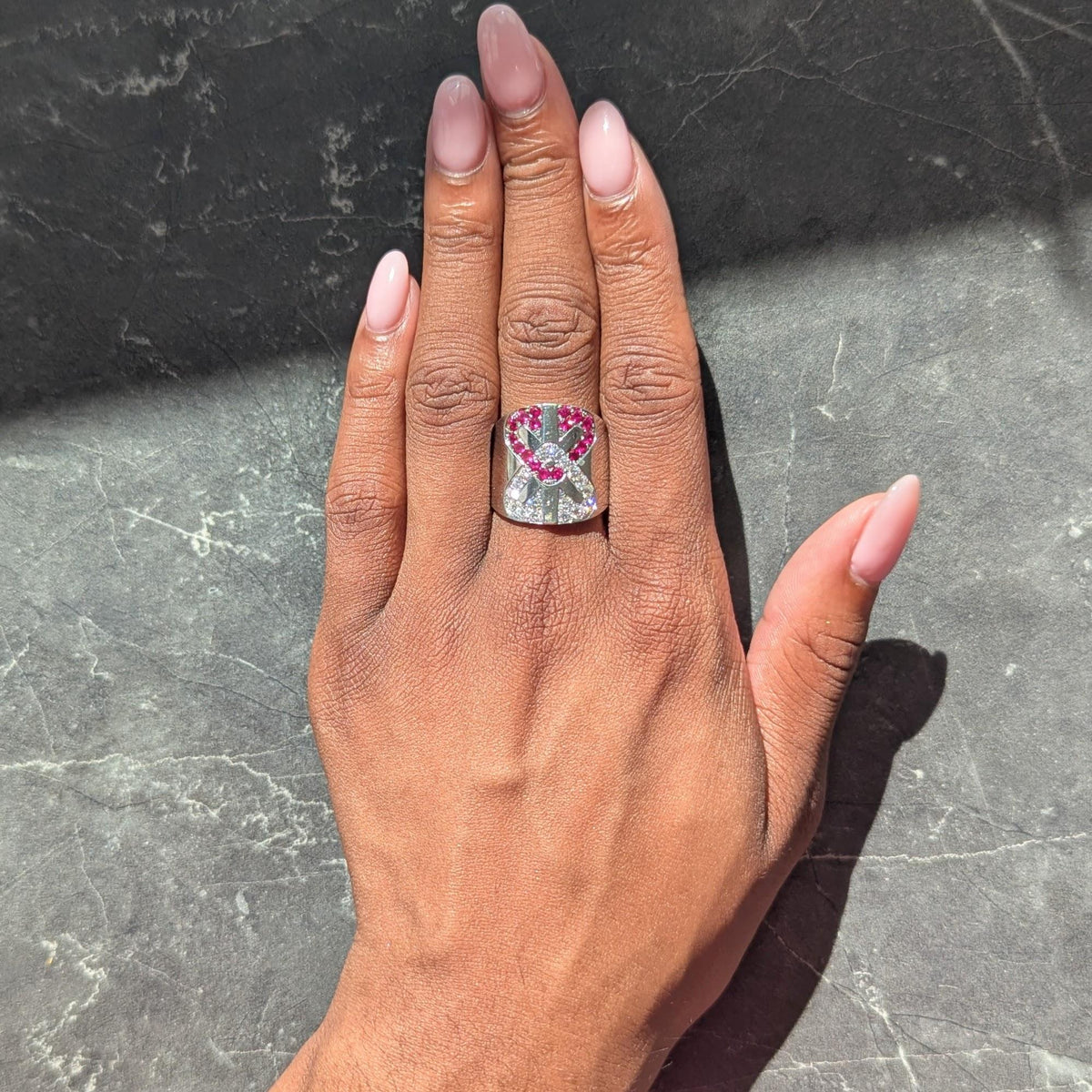 Engima By Gianni Bulgari 2000's Diamond Ruby 18 Karat White Gold Arrow Cuff Ring
