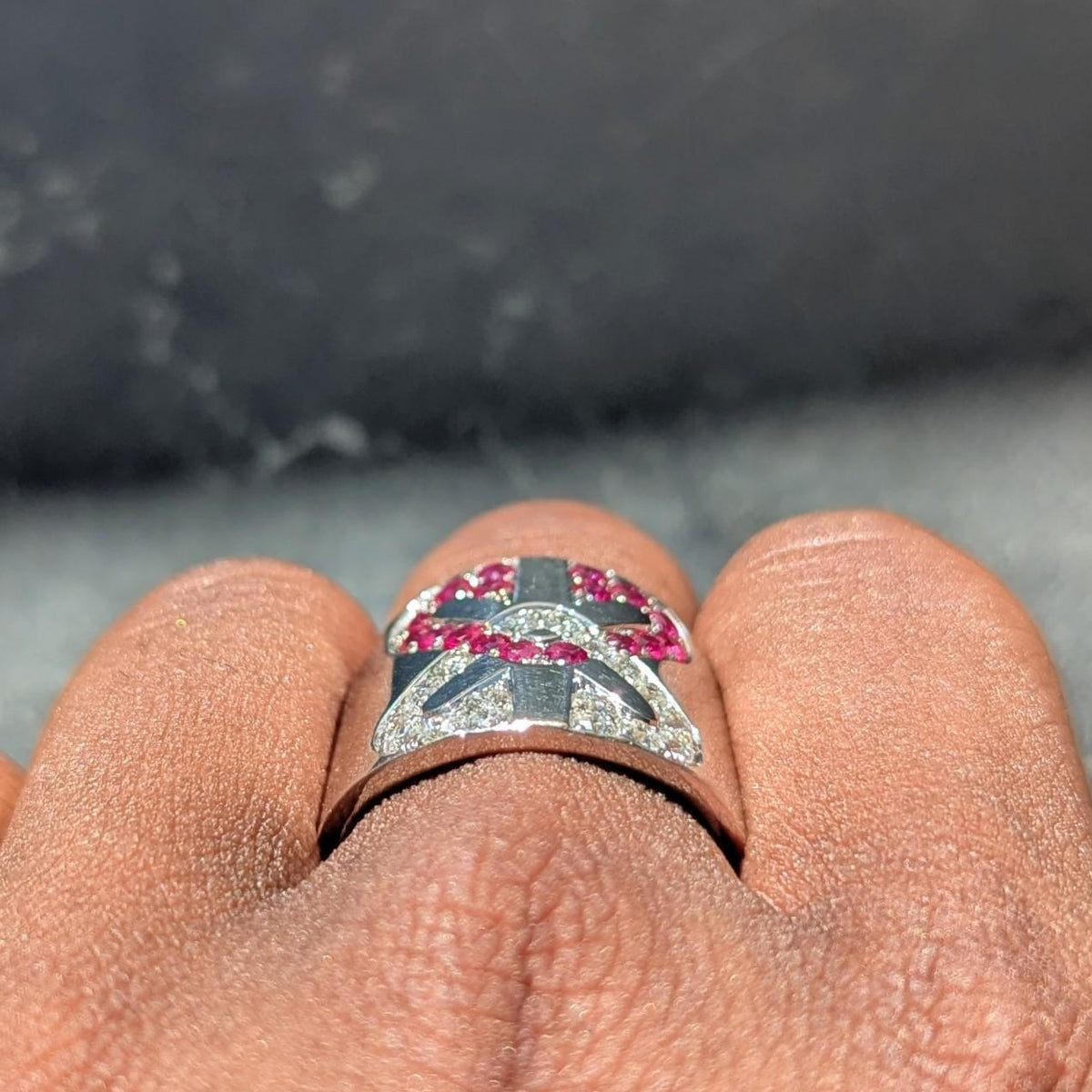 Engima By Gianni Bulgari 2000's Diamond Ruby 18 Karat White Gold Arrow Cuff Ring