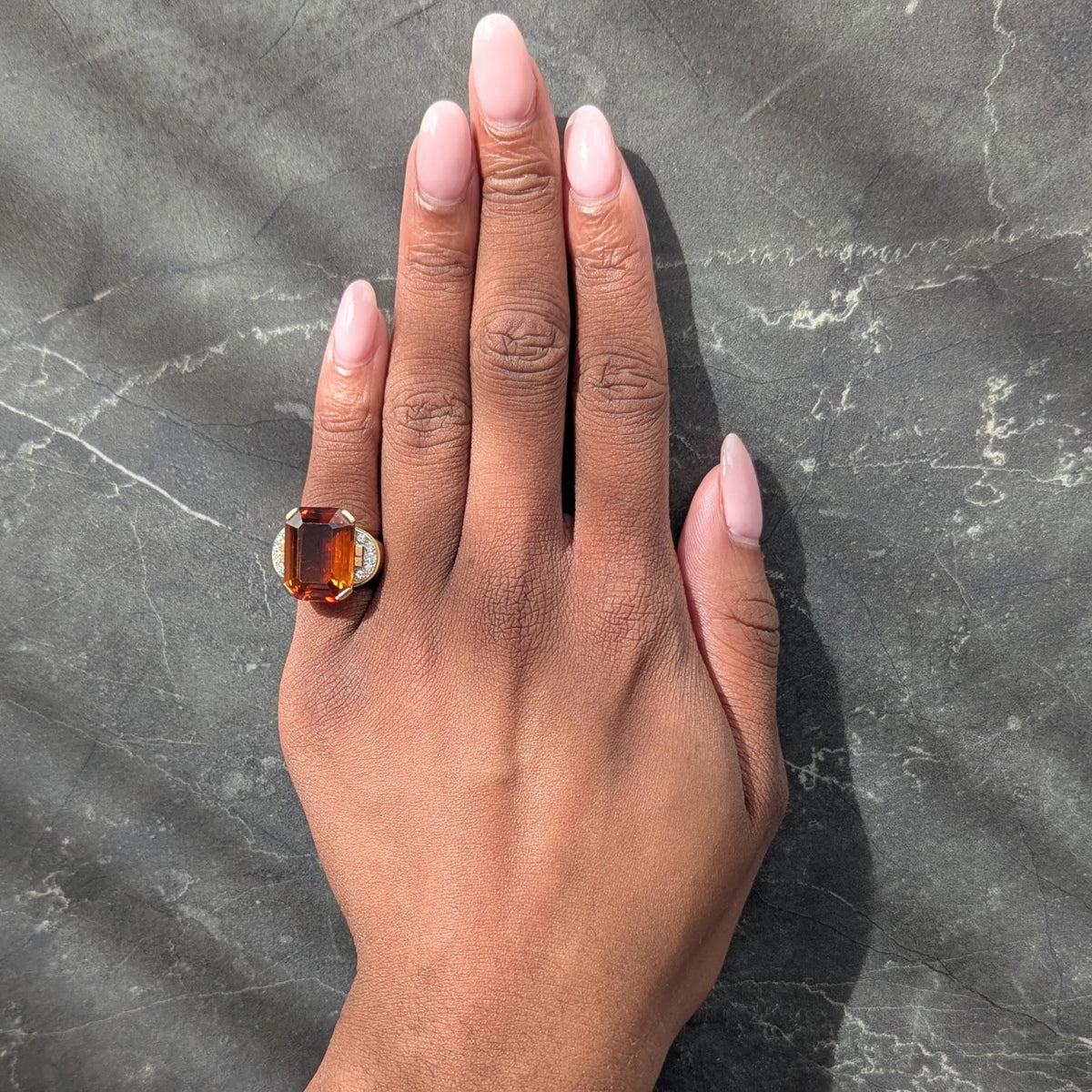 French 1939 Citrine Diamond 18 Karat Rose Gold Platinum Vintage Cocktail Ring