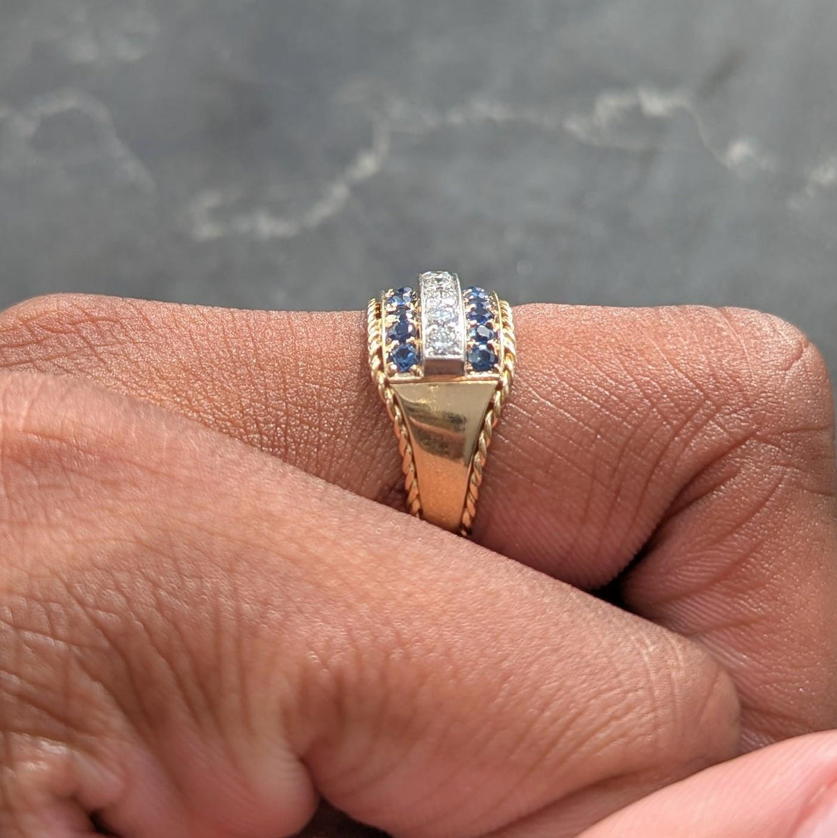 1960's Diamond Sapphire Platinum 14K Gold Vintage Twisted Rope Wide Band Ring