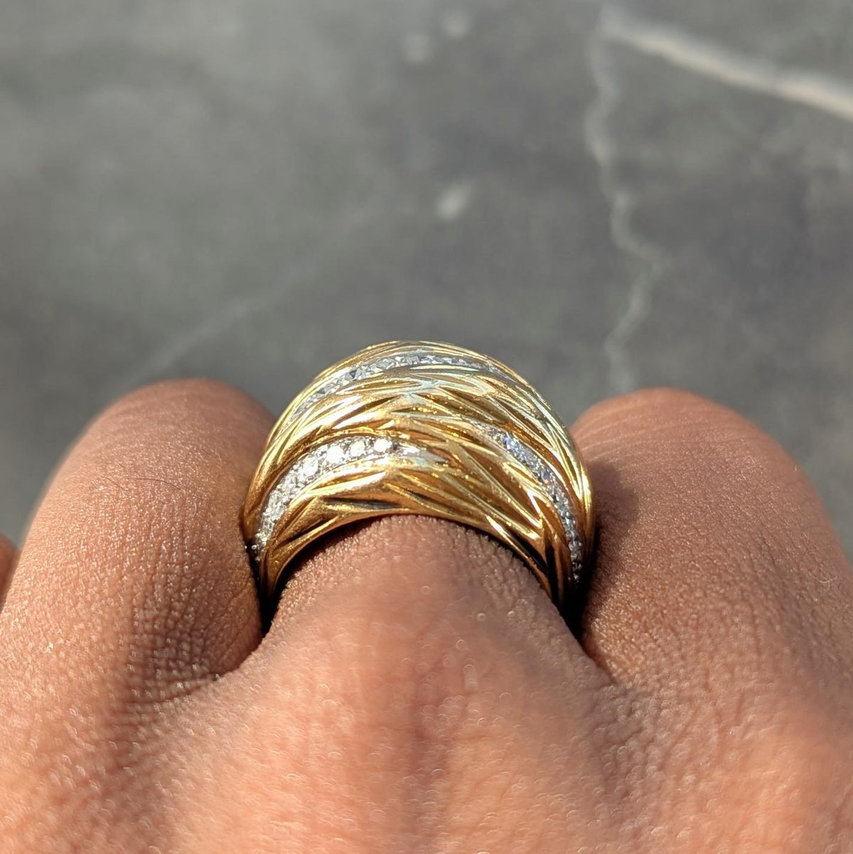 Mauboussin Paris 1960's Diamond 18 Karat Yellow Gold Platinum Vintage Dome Ring